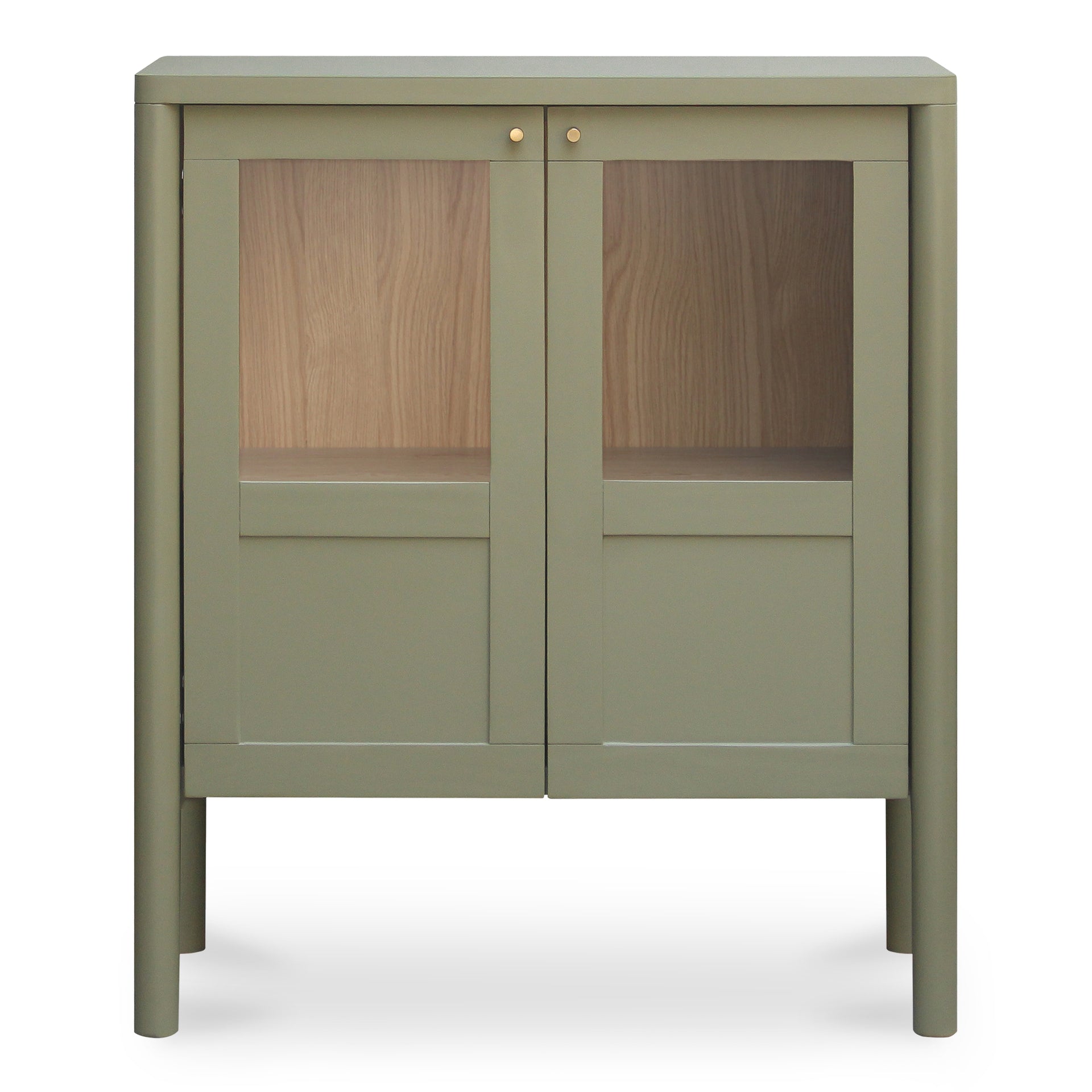 Delmira Cabinet, Rectangular Millwork-Inspired Solid Pine, Oak Veneer, Tempered Glass, Green