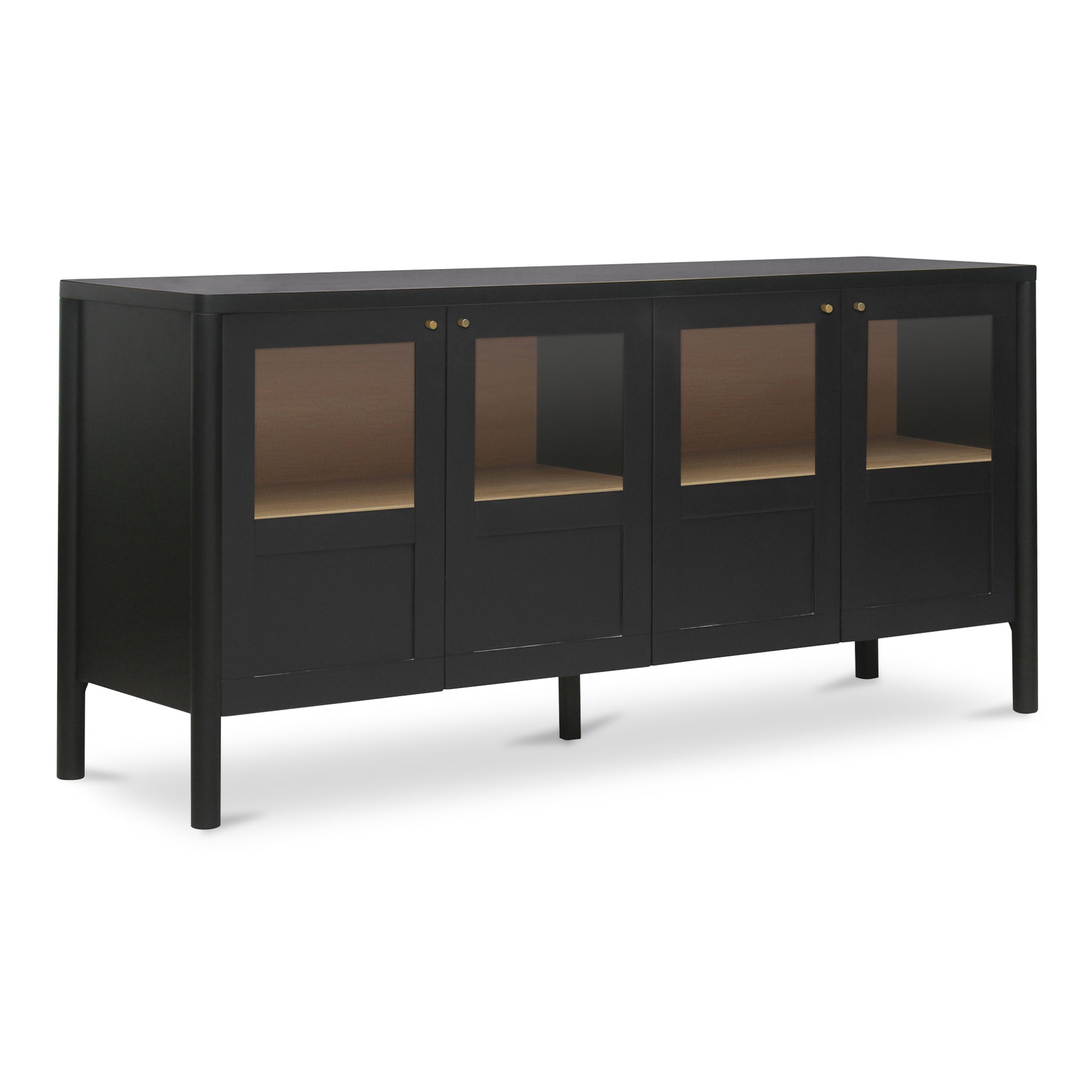 Delmira Sideboard, Rectangular Millwork-Inspired Solid Pine, Oak Veneer, Tempered Glass, Black