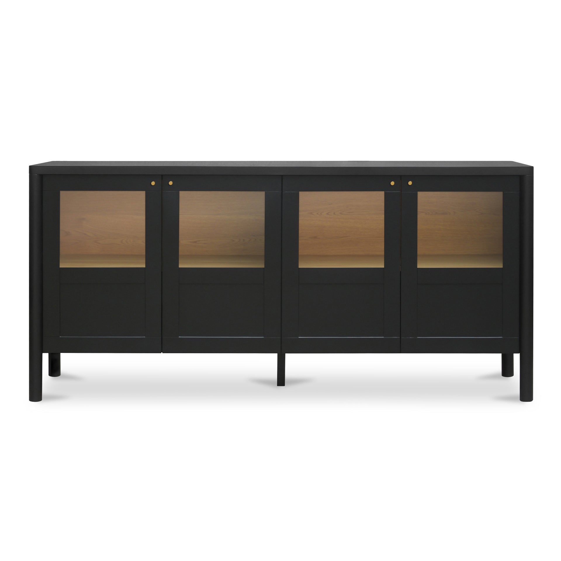 Delmira Sideboard, Rectangular Millwork-Inspired Solid Pine, Oak Veneer, Tempered Glass, Black