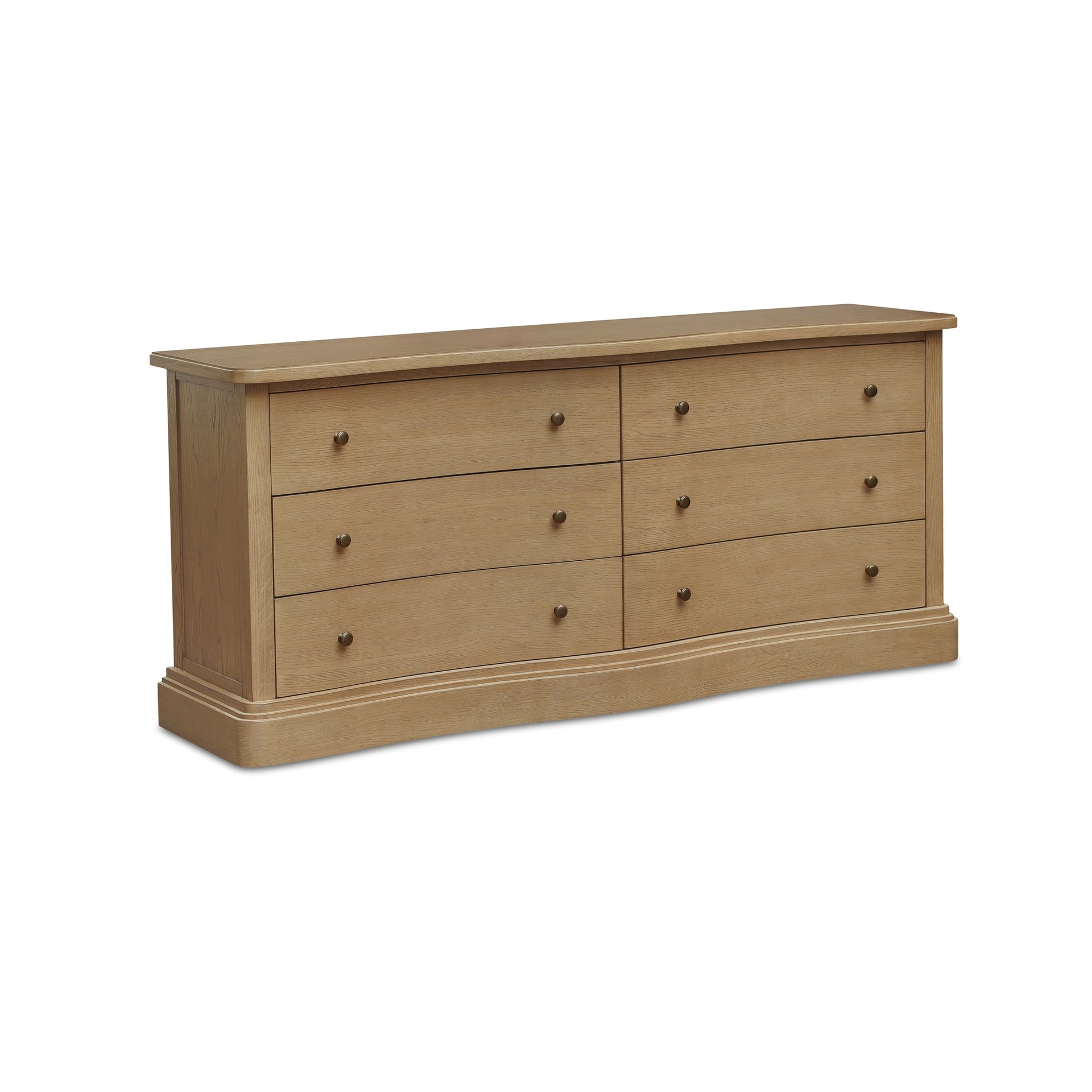 Lioren Dresser, Solid Oak, 6 Drawers, Curved Front, Brass Handles, Natural