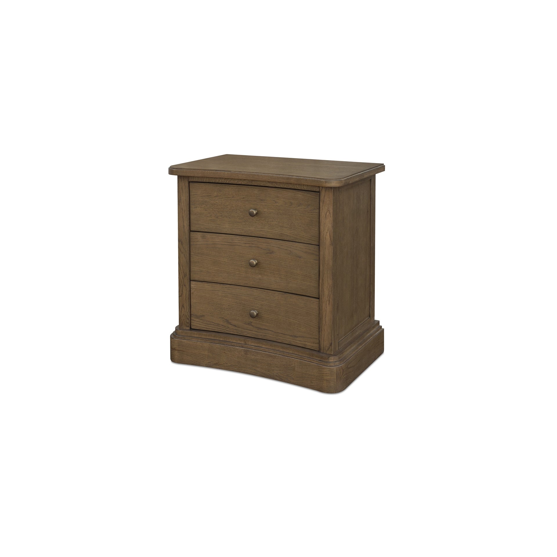 Lioren Nightstand, Solid Oak, Soft Curved Front, Three Drawers, Brass Handles, Warm Brown
