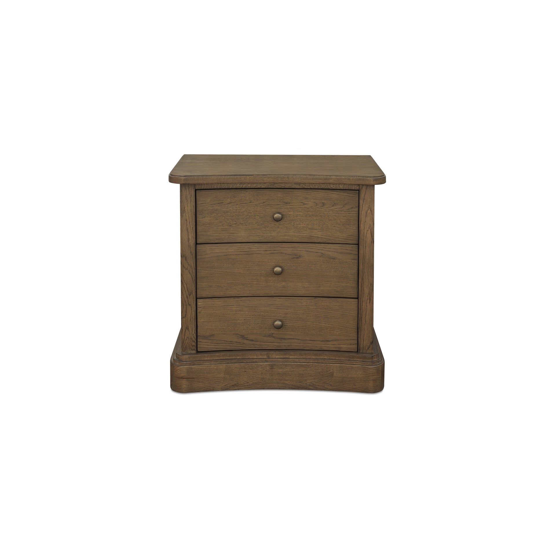 Lioren Nightstand, Solid Oak, Soft Curved Front, Three Drawers, Brass Handles, Warm Brown