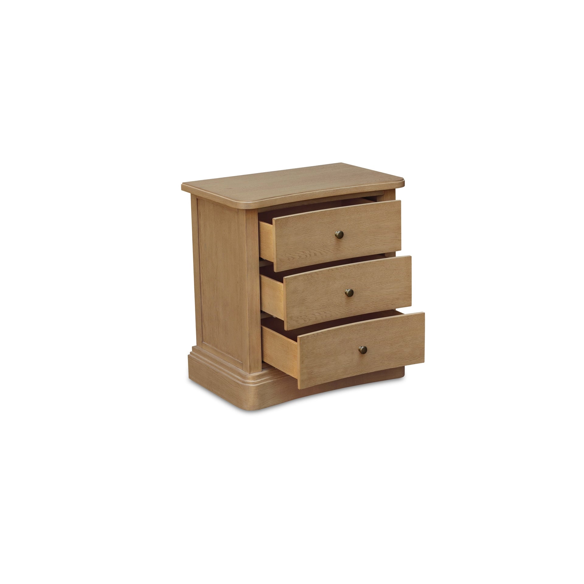Lioren Nightstand, Solid Oak, Soft Curved Front, Three Drawers, Brass Handles, Natural