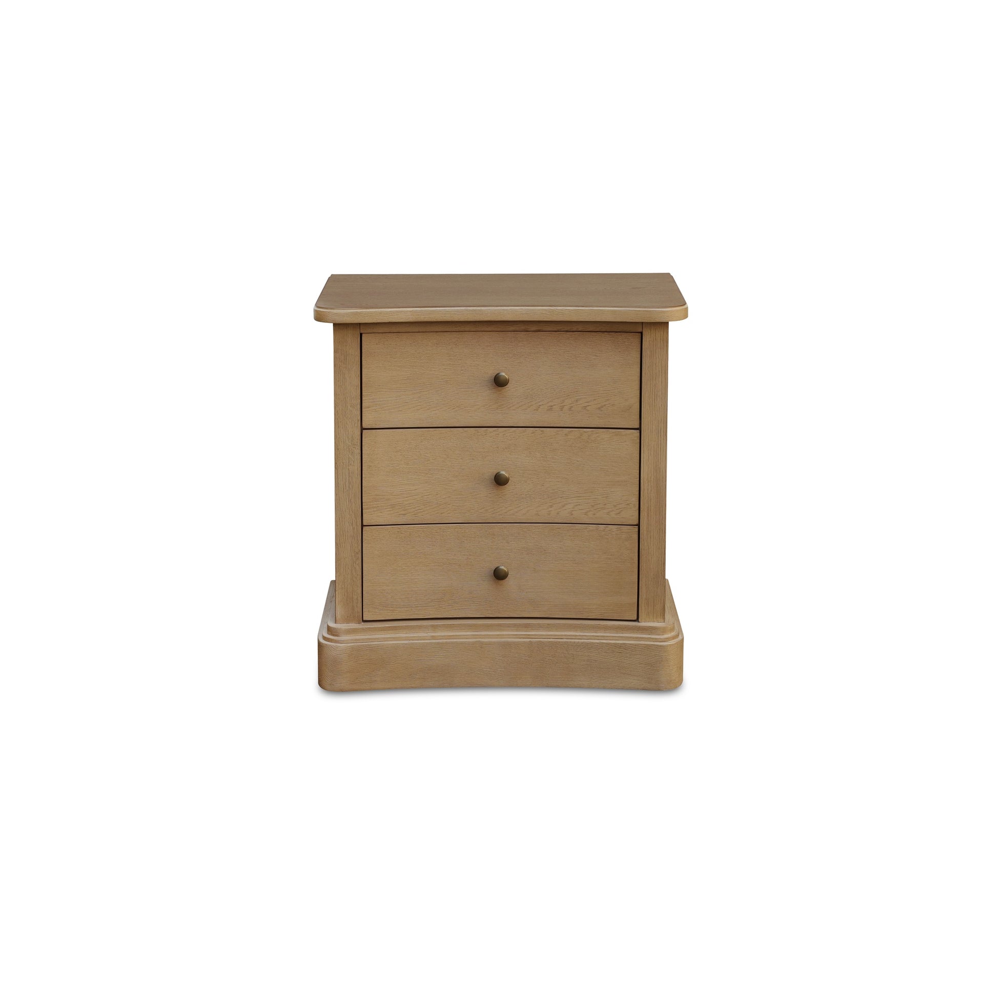 Lioren Nightstand, Solid Oak, Soft Curved Front, Three Drawers, Brass Handles, Natural