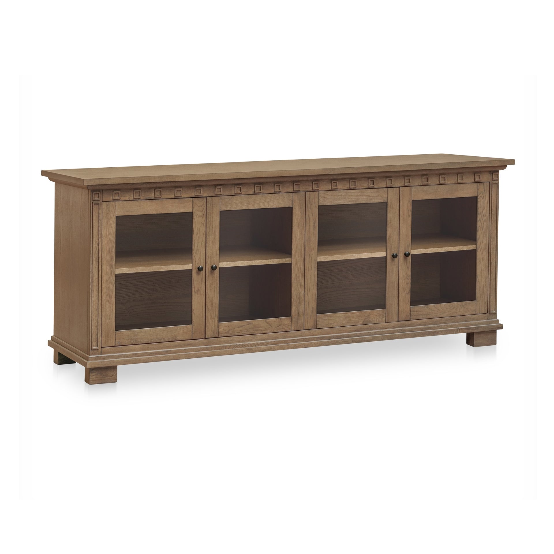 Naomi Sideboard, Rectangular, Solid Ash, Four Tempered Glass Doors, Molding Detail, Adjustable Shelves, Brown