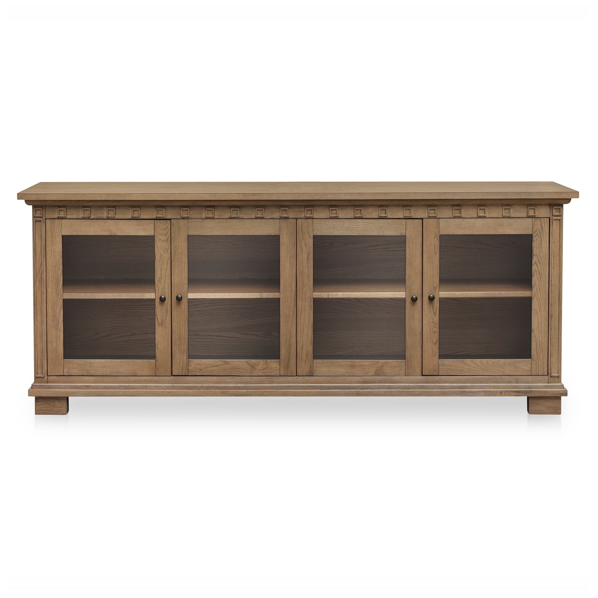 Naomi Sideboard, Rectangular, Solid Ash, Four Tempered Glass Doors, Molding Detail, Adjustable Shelves, Brown