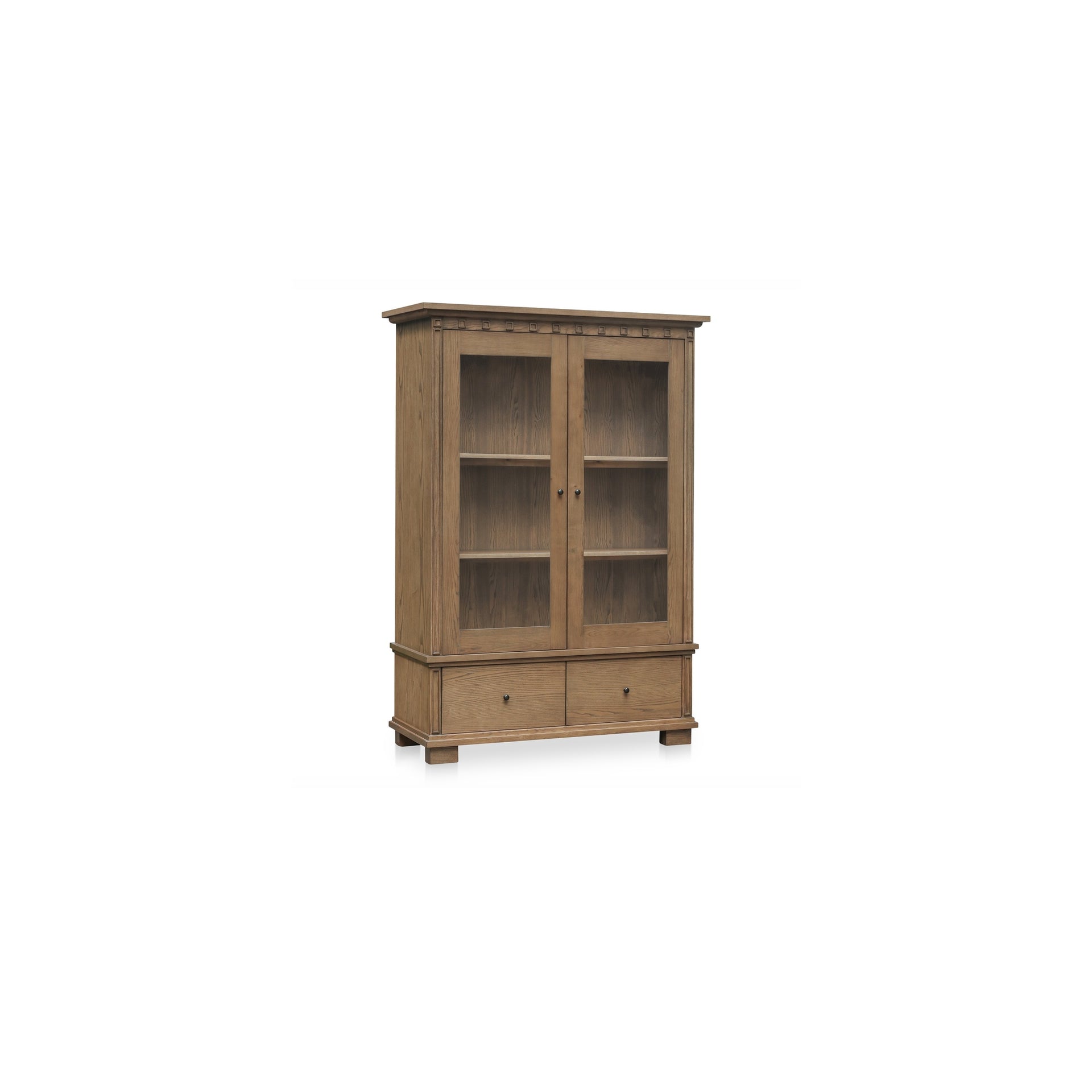 Naomi Cabinet, Solid Ash, Tempered Glass Doors, Linen Drapery, Two Drawers, Adjustable Shelving, Brown