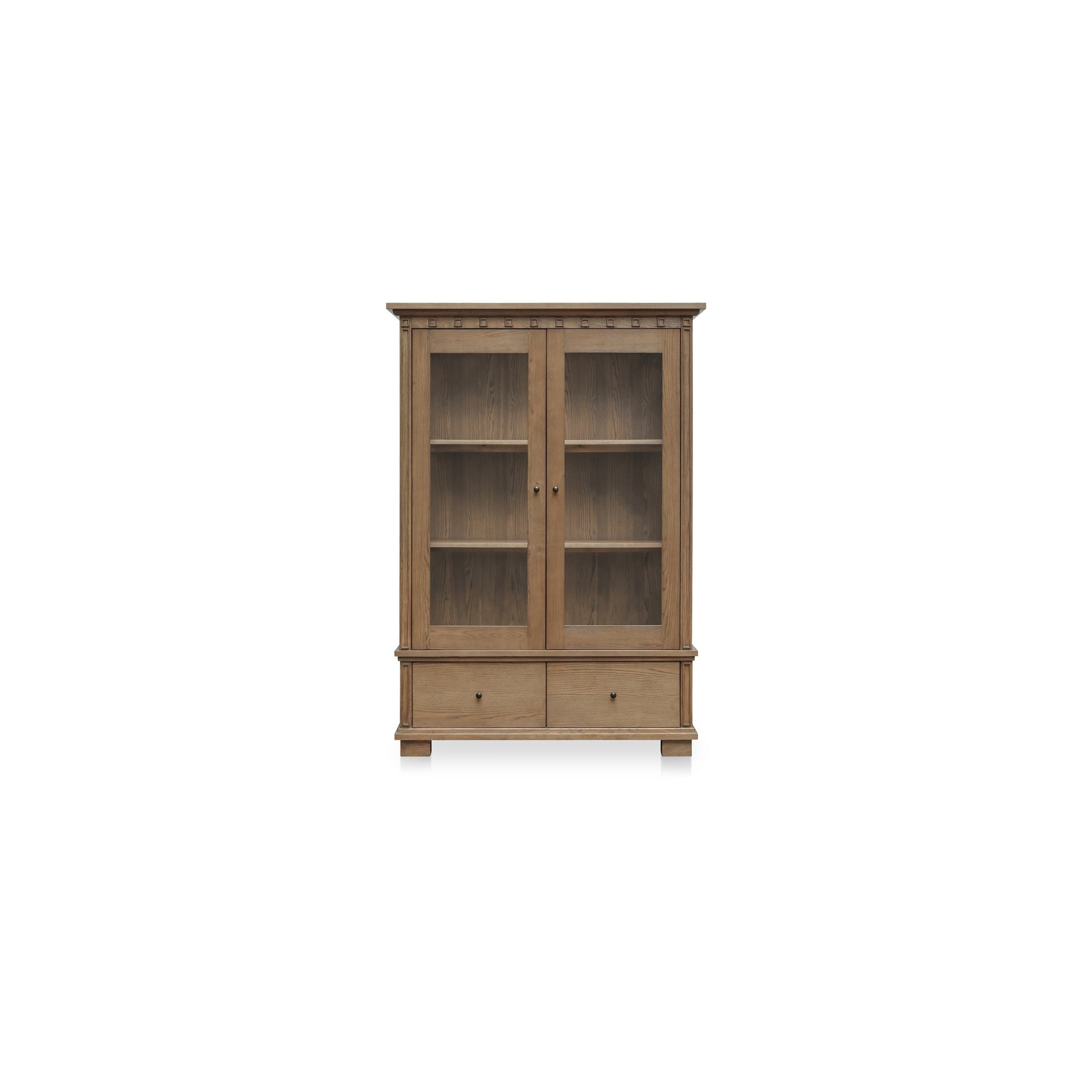 Naomi Cabinet, Solid Ash, Tempered Glass Doors, Linen Drapery, Two Drawers, Adjustable Shelving, Brown