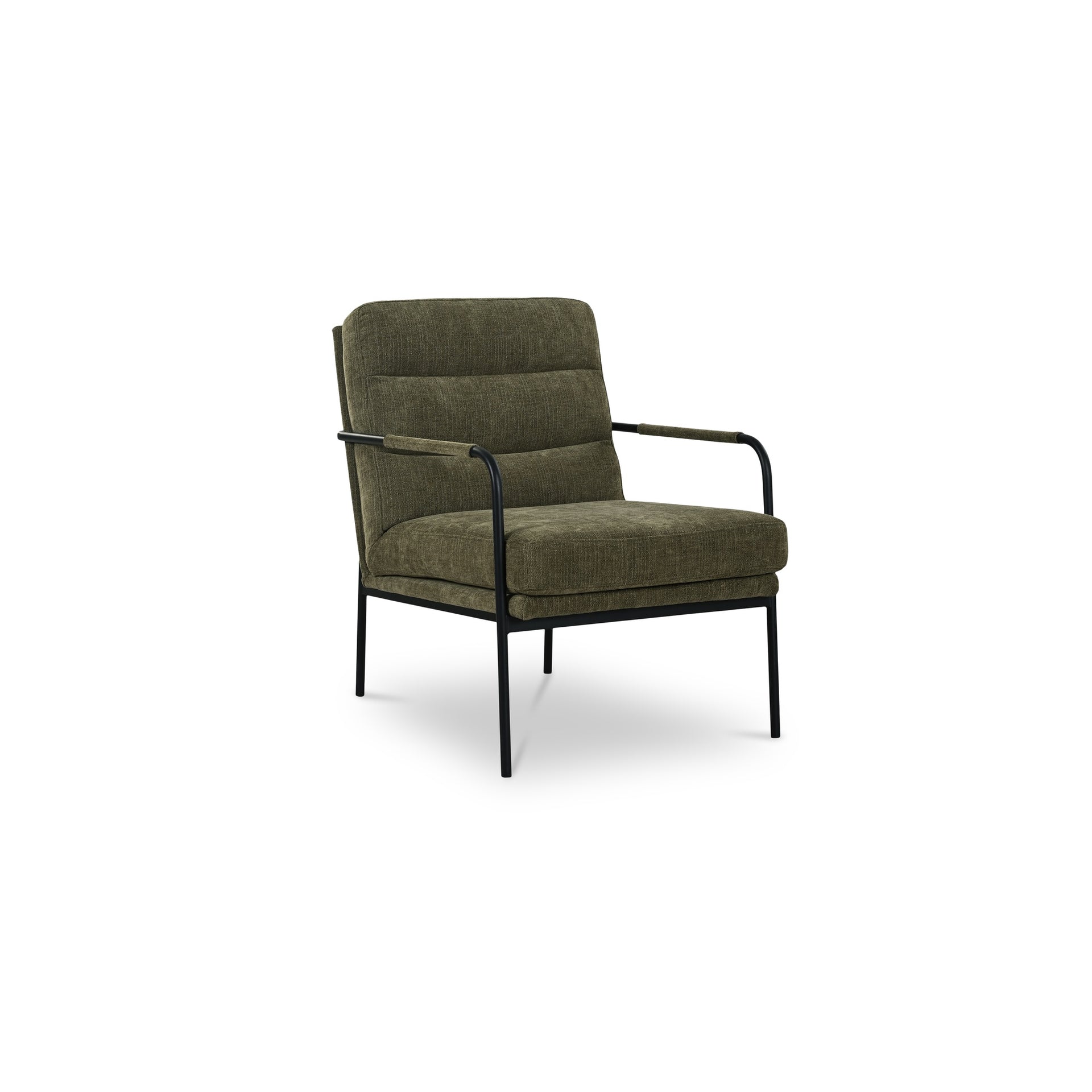 Juno Accent Chair, Polyester Upholstery, Powder-Coated Iron Frame, Channeled Tight Back, Foam and Spring Seat, Olive