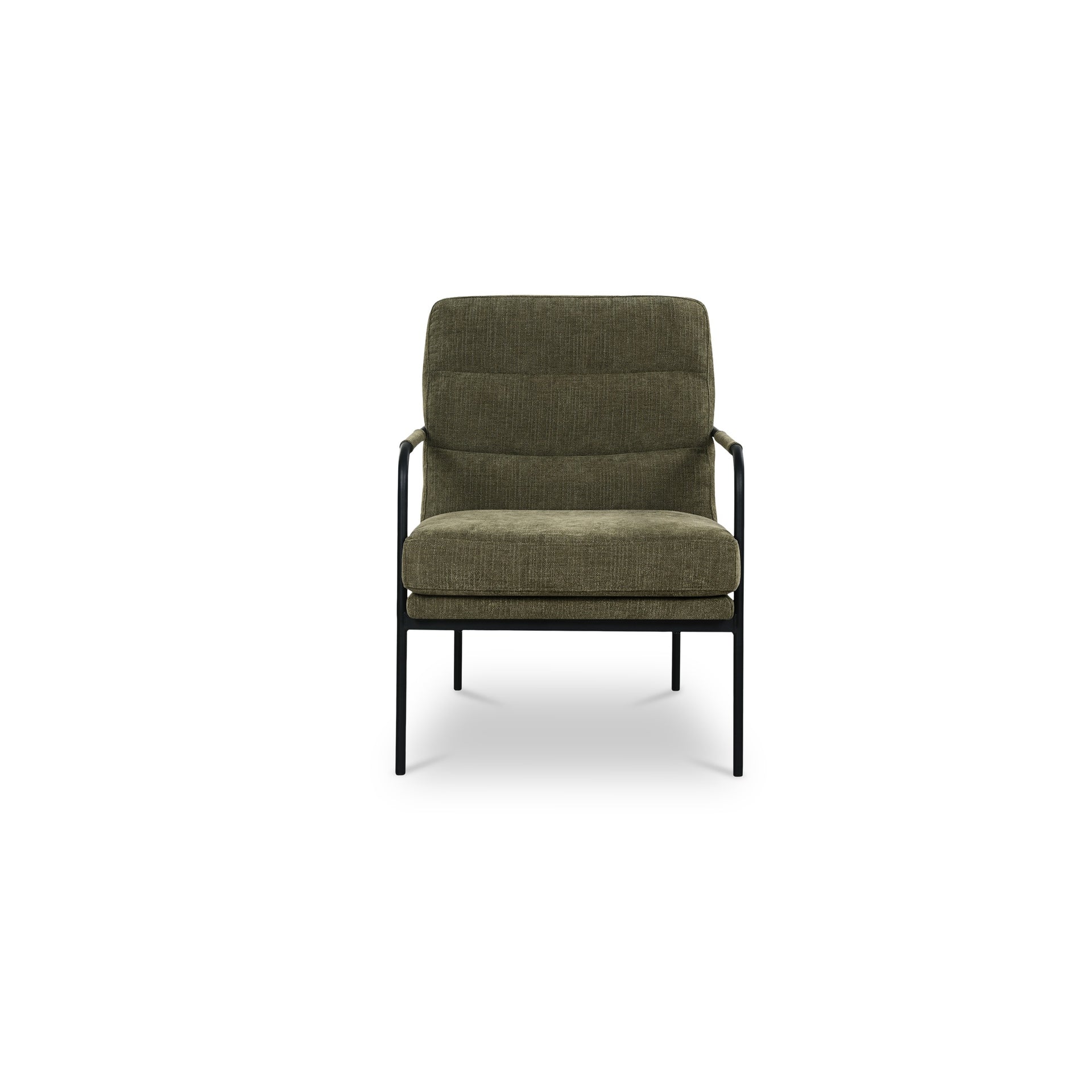 Juno Accent Chair, Polyester Upholstery, Powder-Coated Iron Frame, Channeled Tight Back, Foam and Spring Seat, Olive