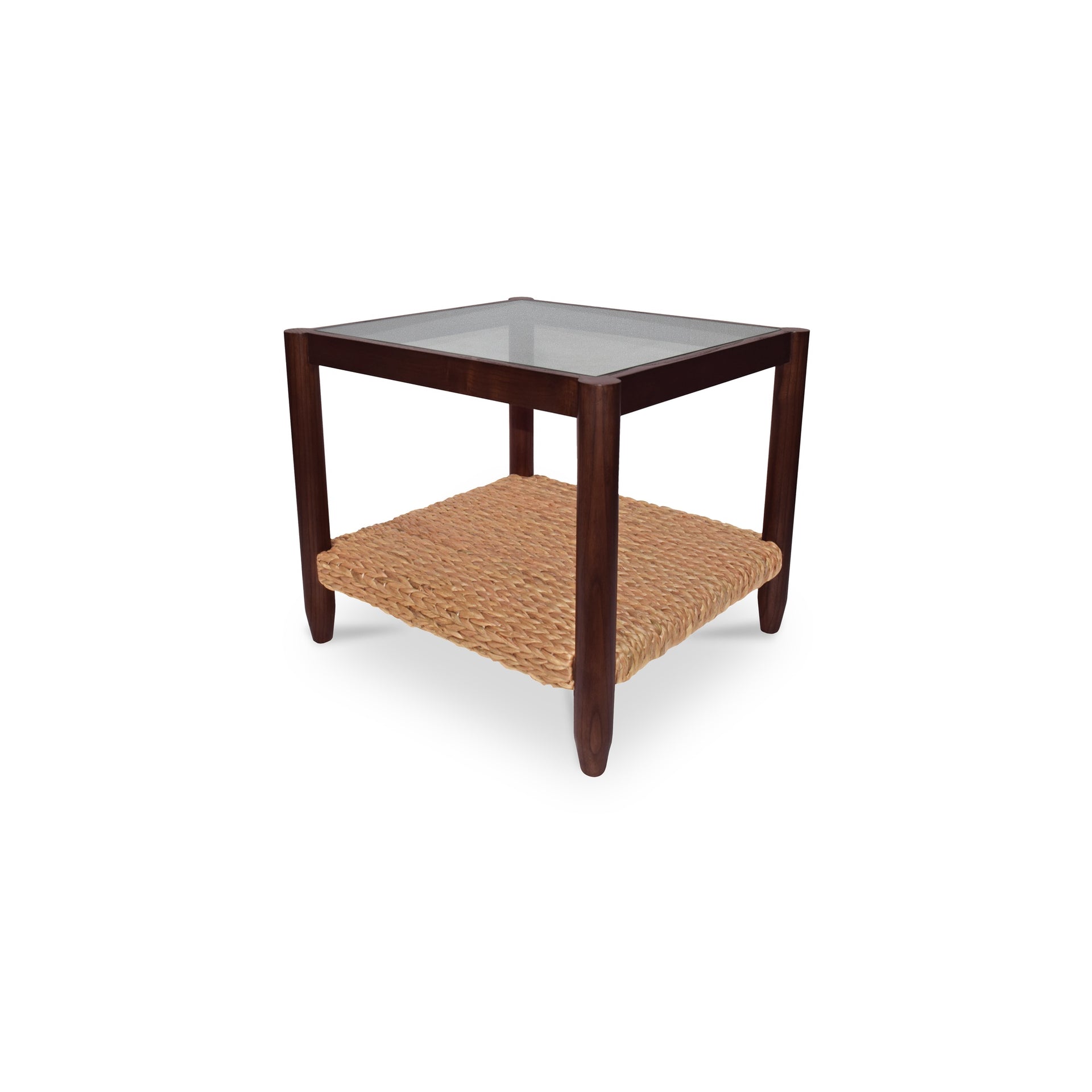 Solveiga Side Table, Rectangular, Sungkai Wood, Water Hyacinth Base, Tempered Glass Top, Brown
