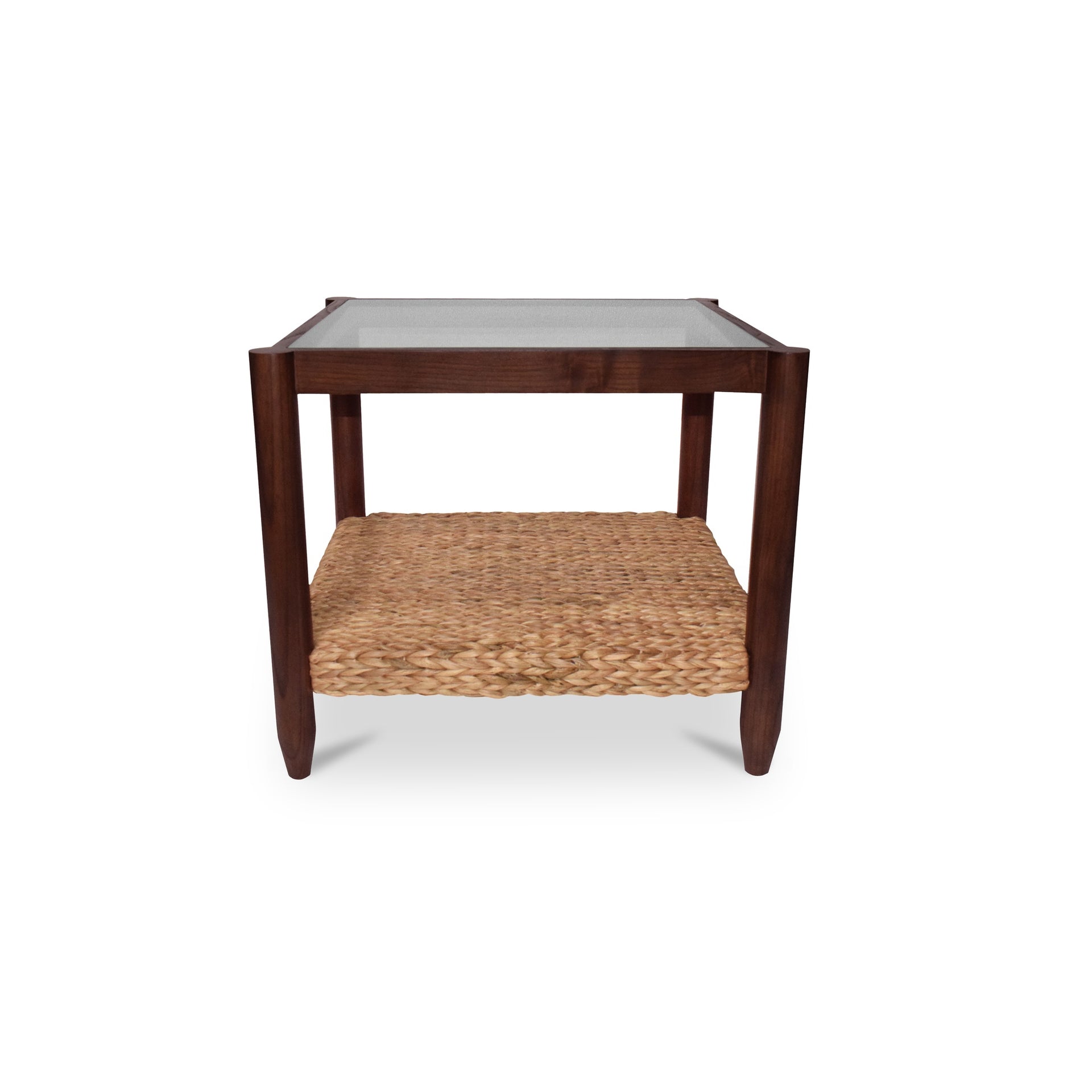 Solveiga Side Table, Rectangular, Sungkai Wood, Water Hyacinth Base, Tempered Glass Top, Brown
