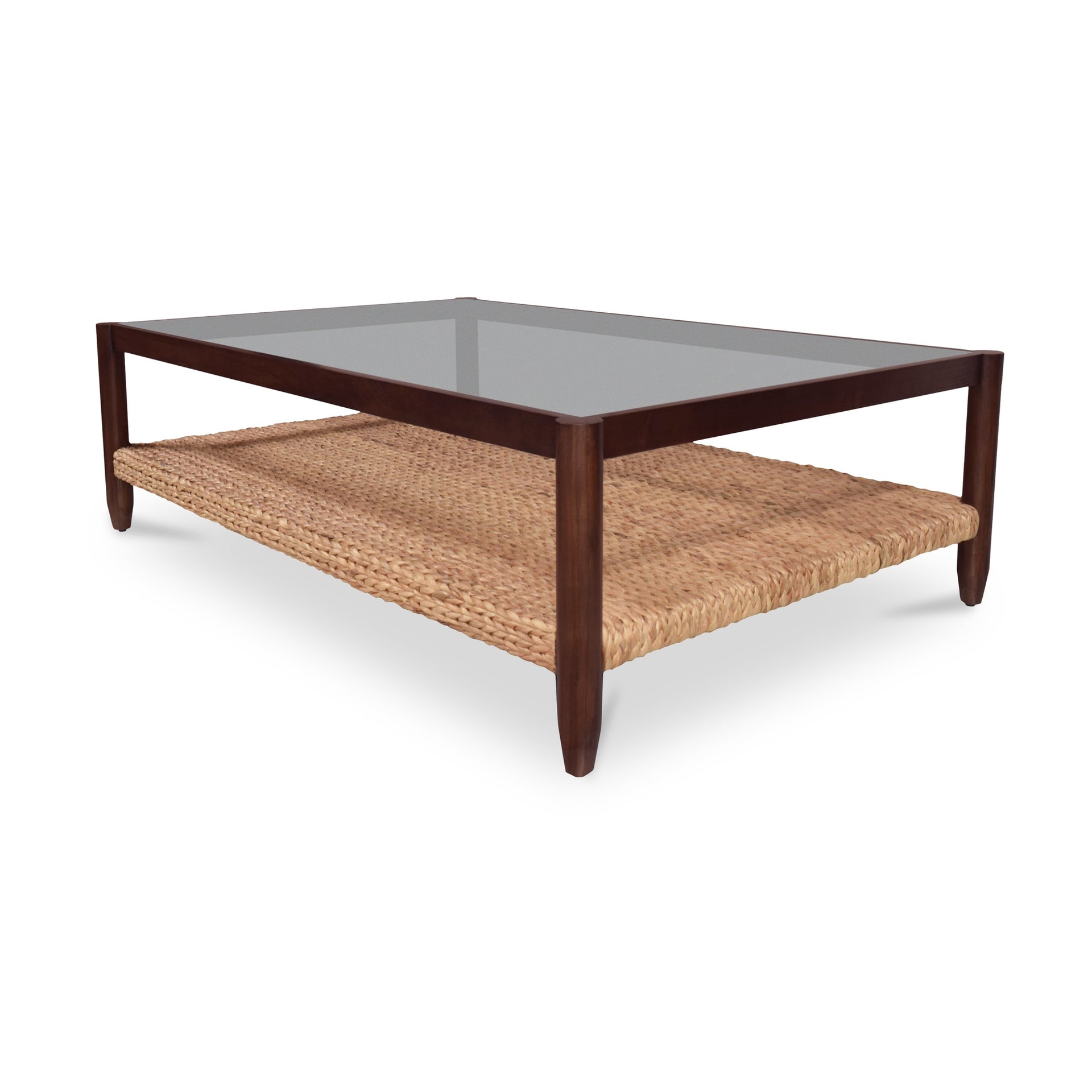 Solveiga Coffee Table, Rectangular, Sungkai Wood, Water Hyacinth Shelf, Tempered Glass Top, Brown