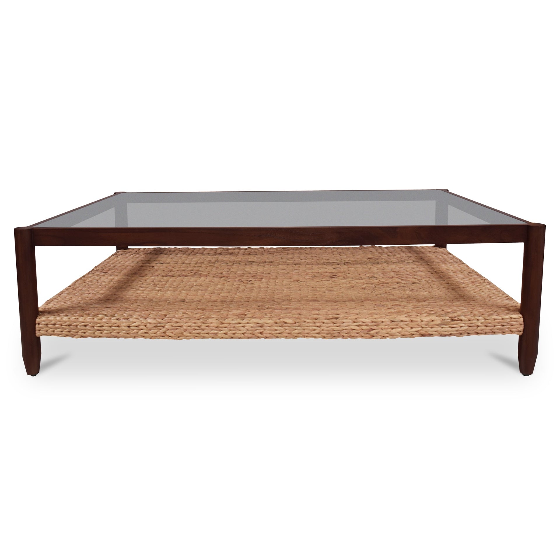 Solveiga Coffee Table, Rectangular, Sungkai Wood, Water Hyacinth Shelf, Tempered Glass Top, Brown