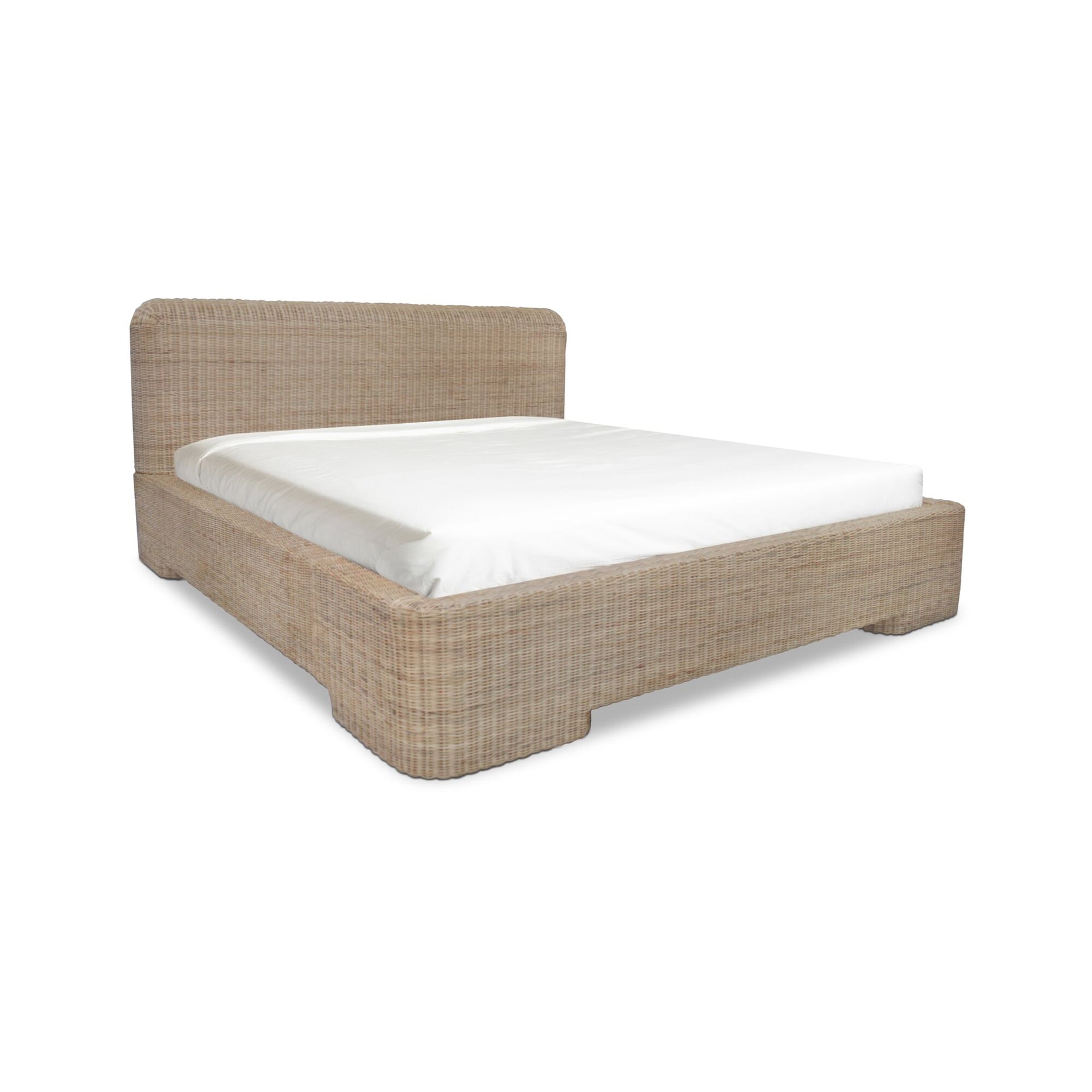 Eluned Queen Bed, Handwoven Rattan, Mango Wood Frame, Slat System, No Box Spring Needed, Natural
