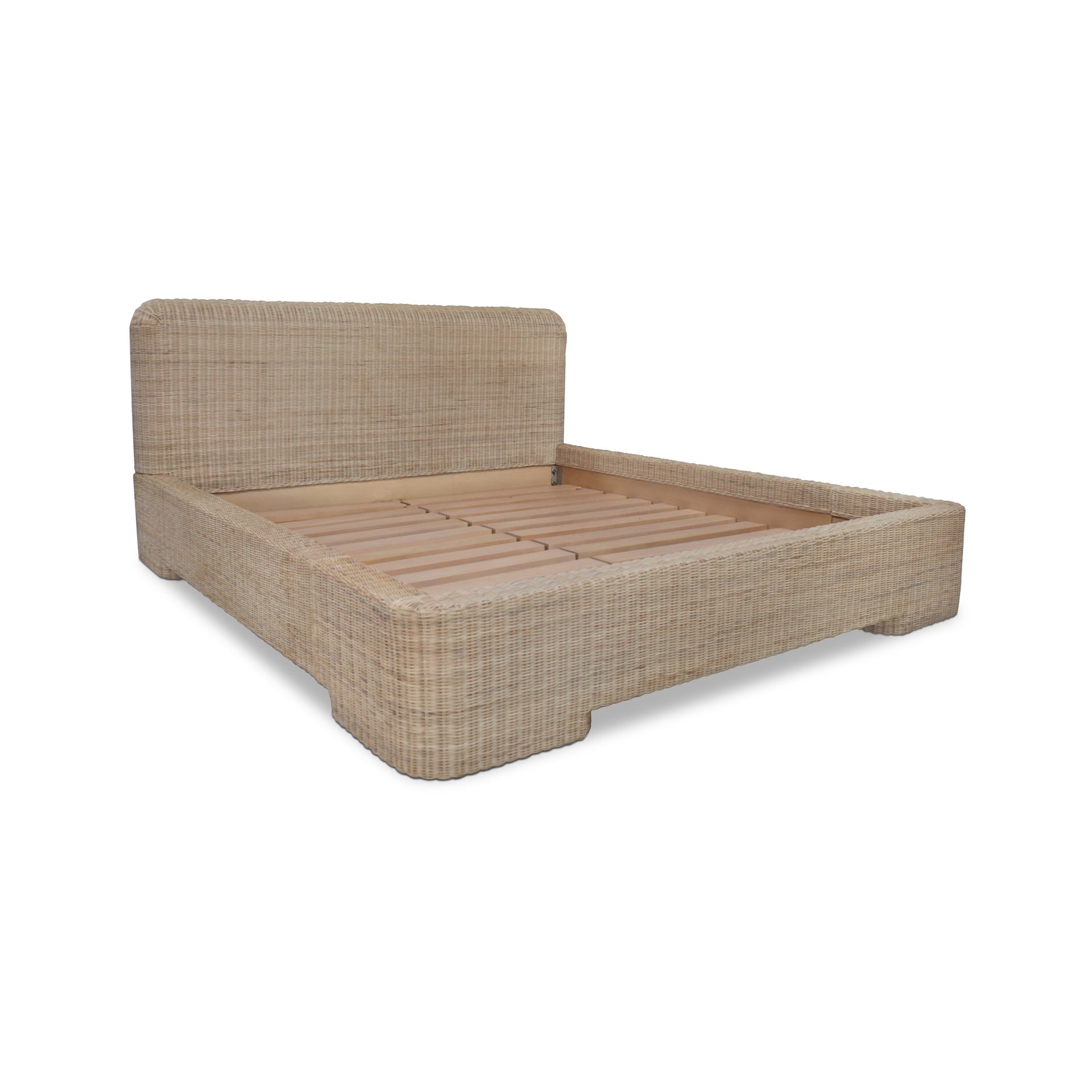 Eluned King Bed, Handwoven Rattan, Mango Wood Frame, Slat System, No Box Spring Needed, Natural
