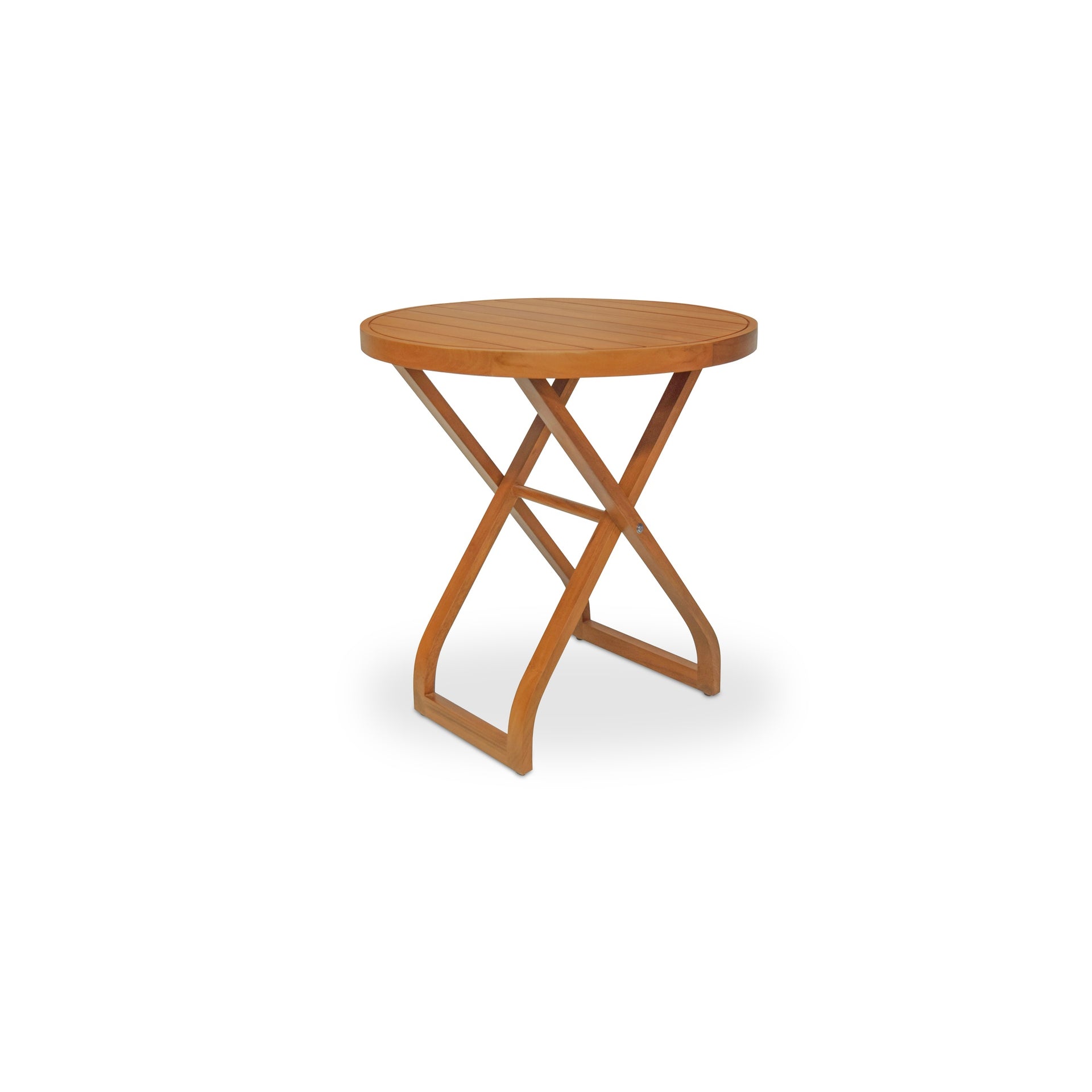 Cassiopeia Outdoor Table, Round, Teak Wood, Natural Finish, Folding Design, Stow-Away Clips, Natural