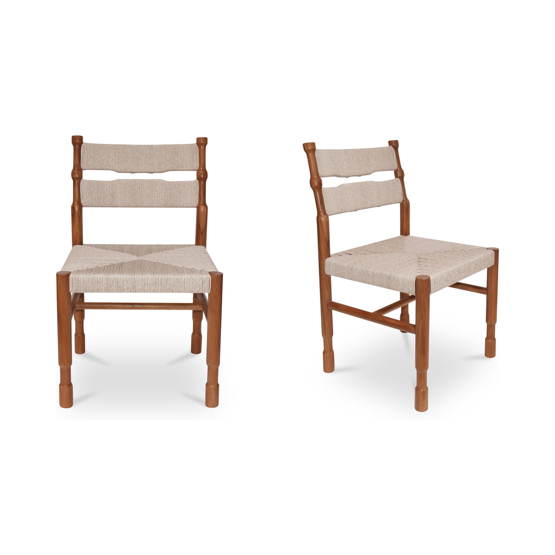 Brennor Outdoor Dining Chair, Teak Wood, Woven Synthetic Hyacinth, Ladder Back, Turned Details, Natural - Set of 2