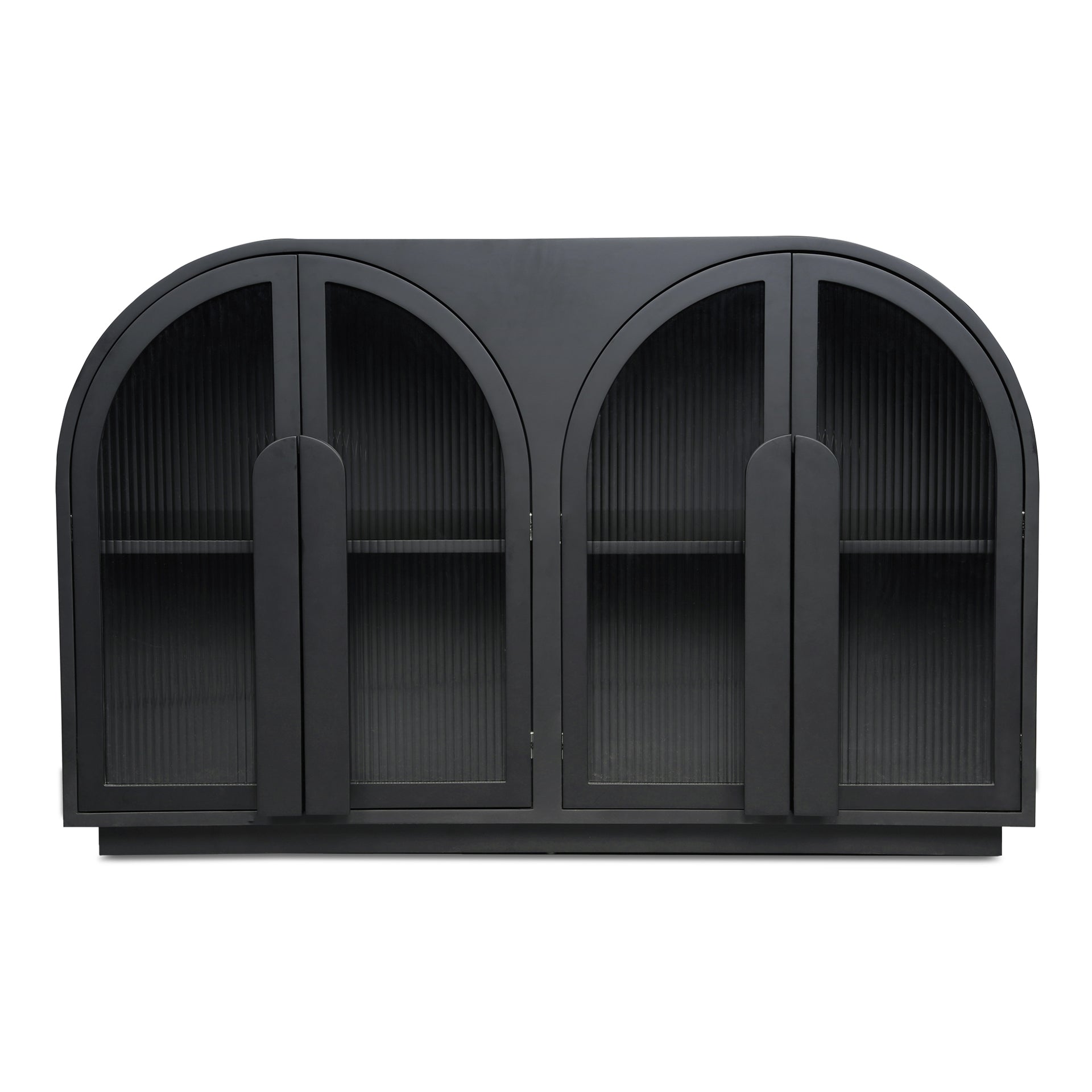 Theron Cabinet, Beech Wood Base with Tempered Reed Glass Doors and 3 Adjustable Shelves, Black