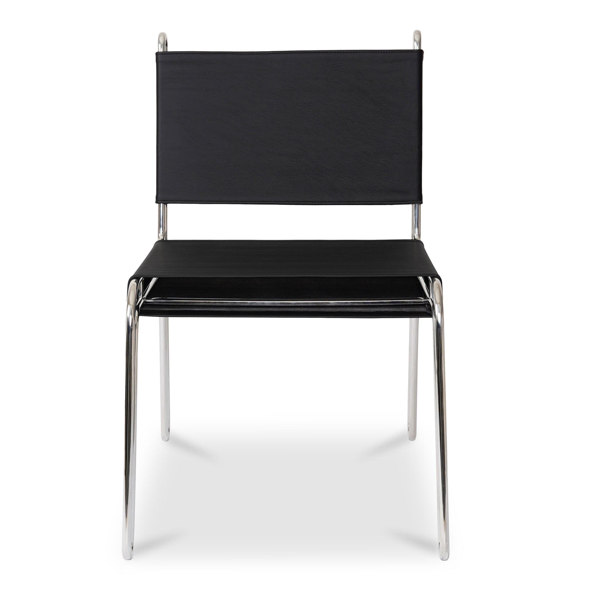 Marcel Dining Chair, Top Grain Leather, Black Cotton Canvas Seat Support, Polished Stainless Steel, Black