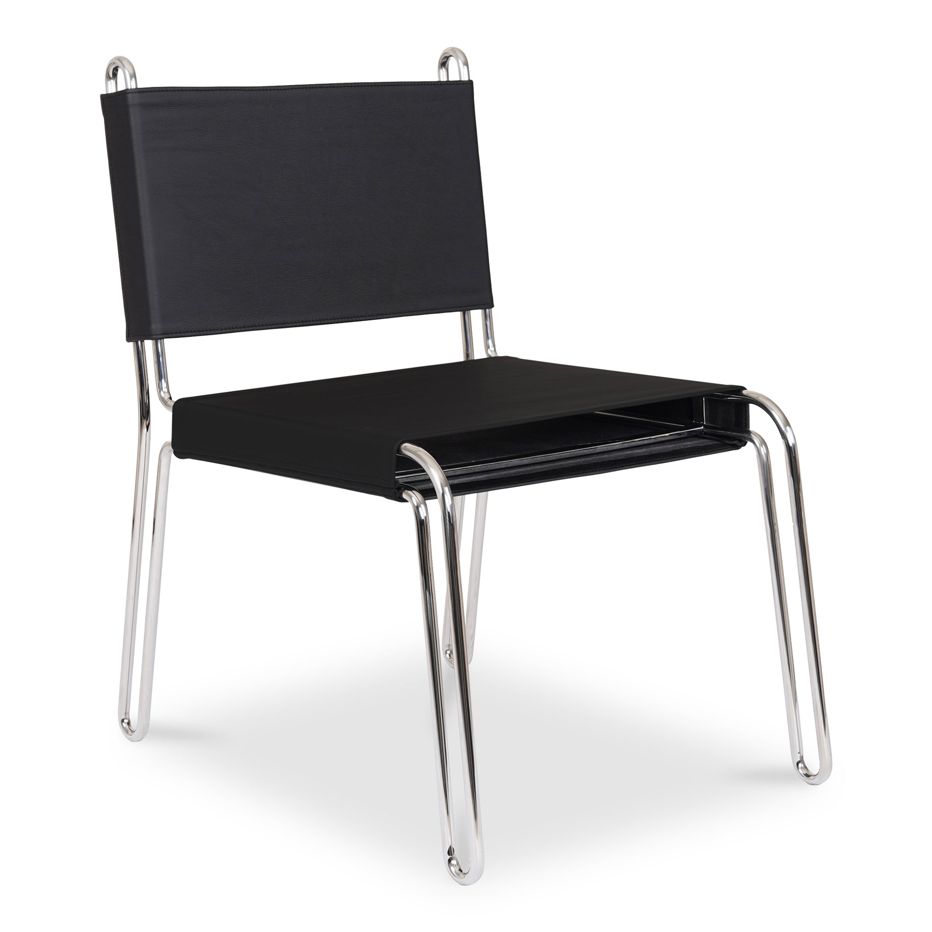 Marcel Dining Chair, Top Grain Leather, Black Cotton Canvas Seat Support, Polished Stainless Steel, Black
