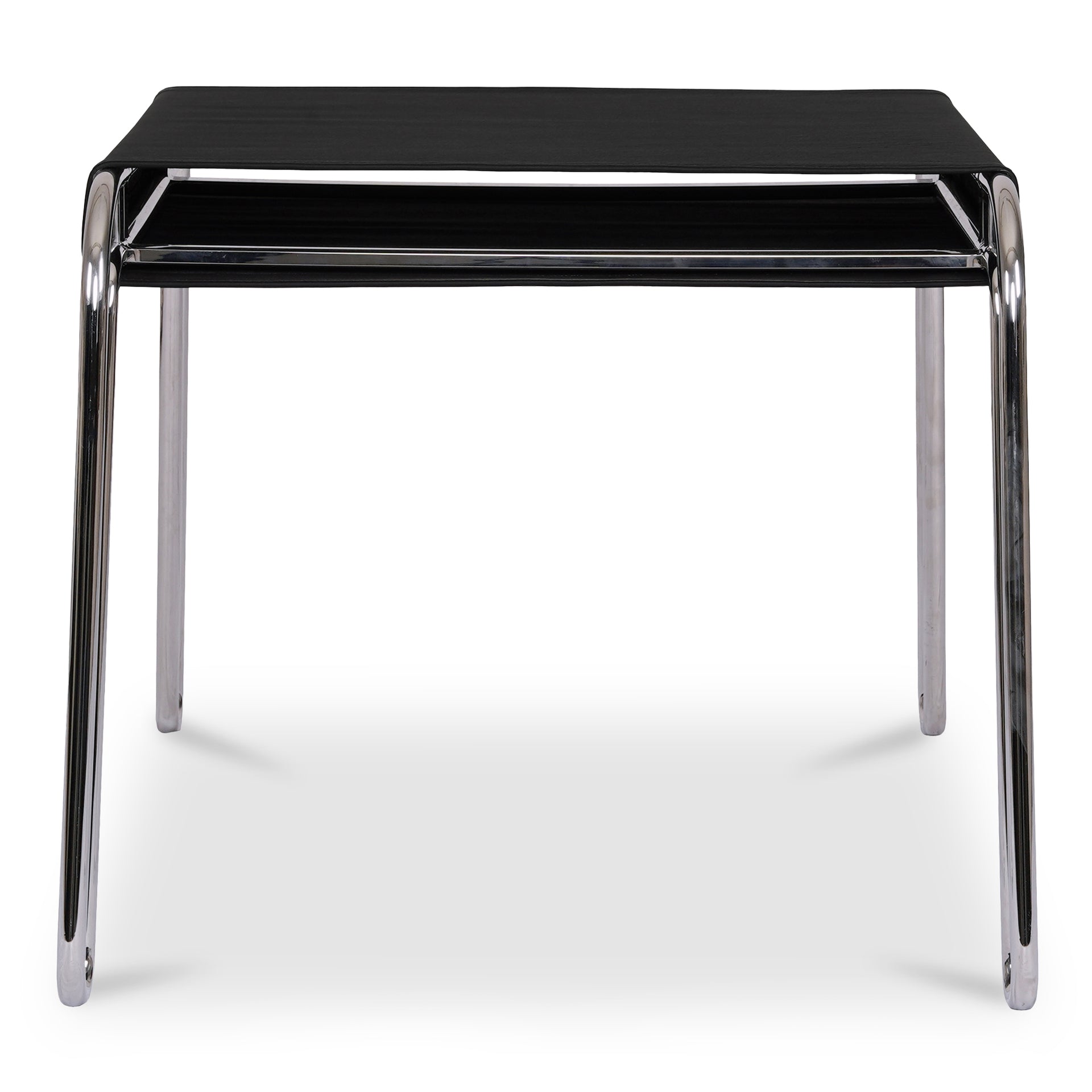 Marcel Accent Stool, Top Grain Leather, Black Cotton Canvas Seat Support, Polished Stainless Steel, Black
