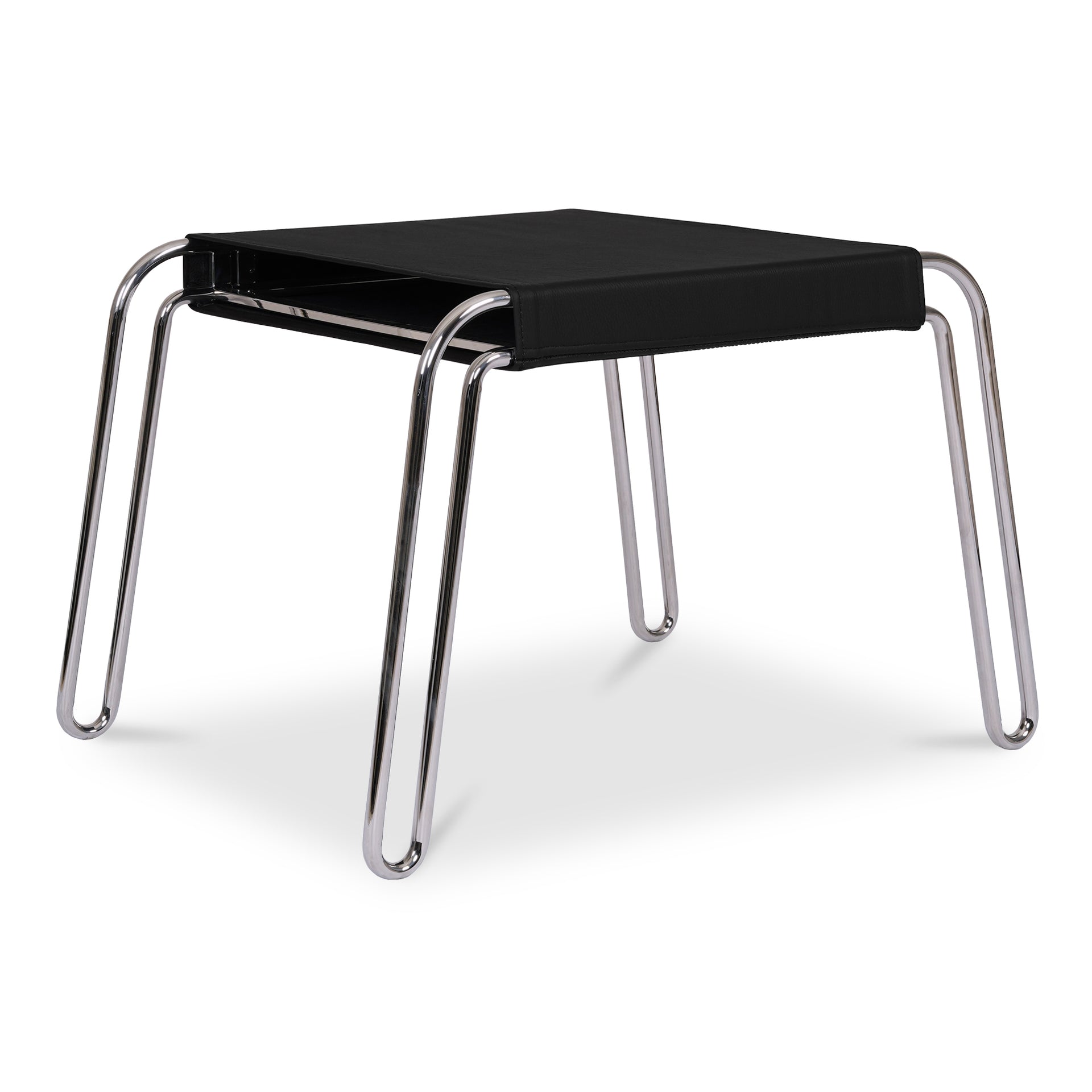 Marcel Accent Stool, Top Grain Leather, Black Cotton Canvas Seat Support, Polished Stainless Steel, Black