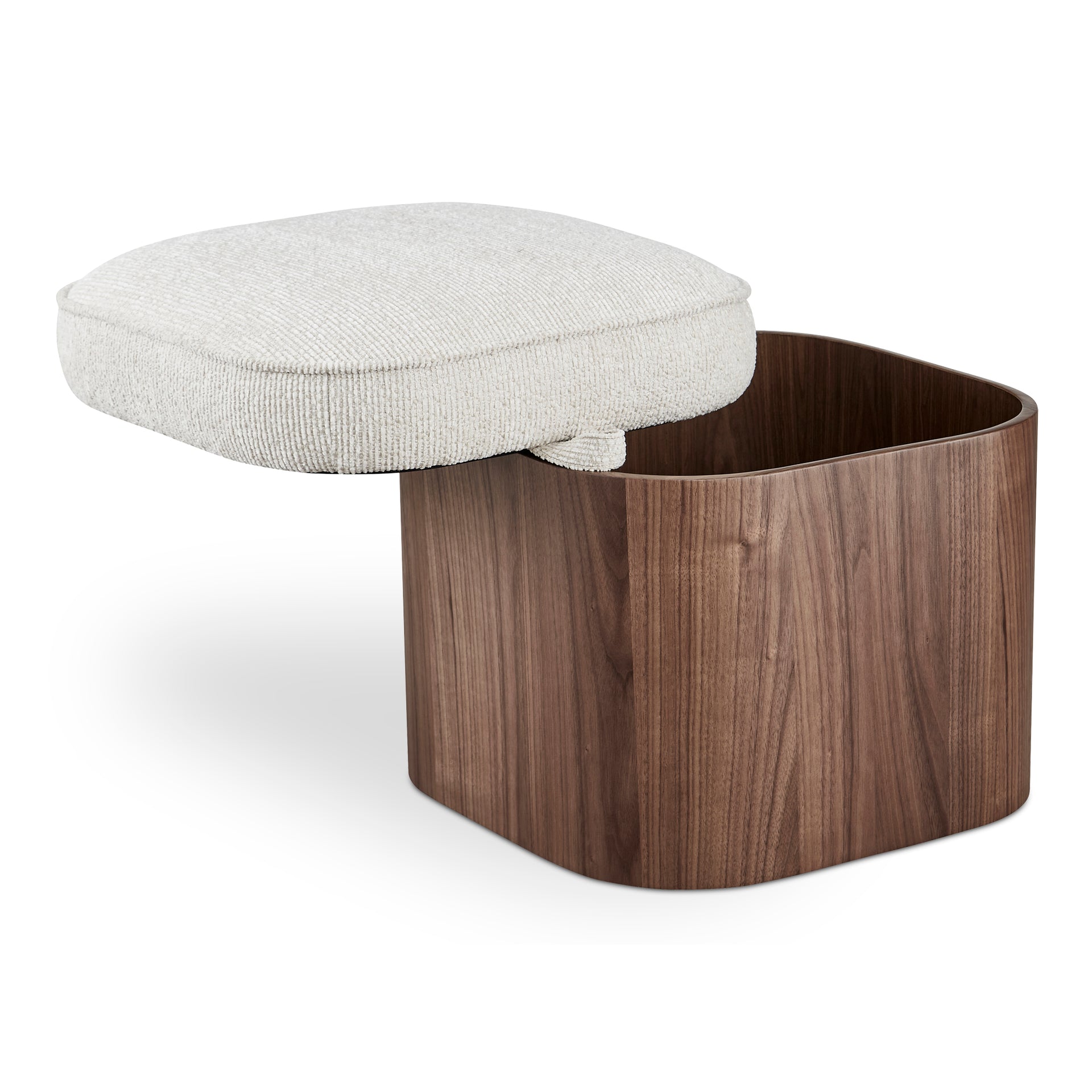 Clarisse Stool, Lift-Top Storage, Walnut Veneer Base, Flecked Oatmeal Upholstery, Walnut