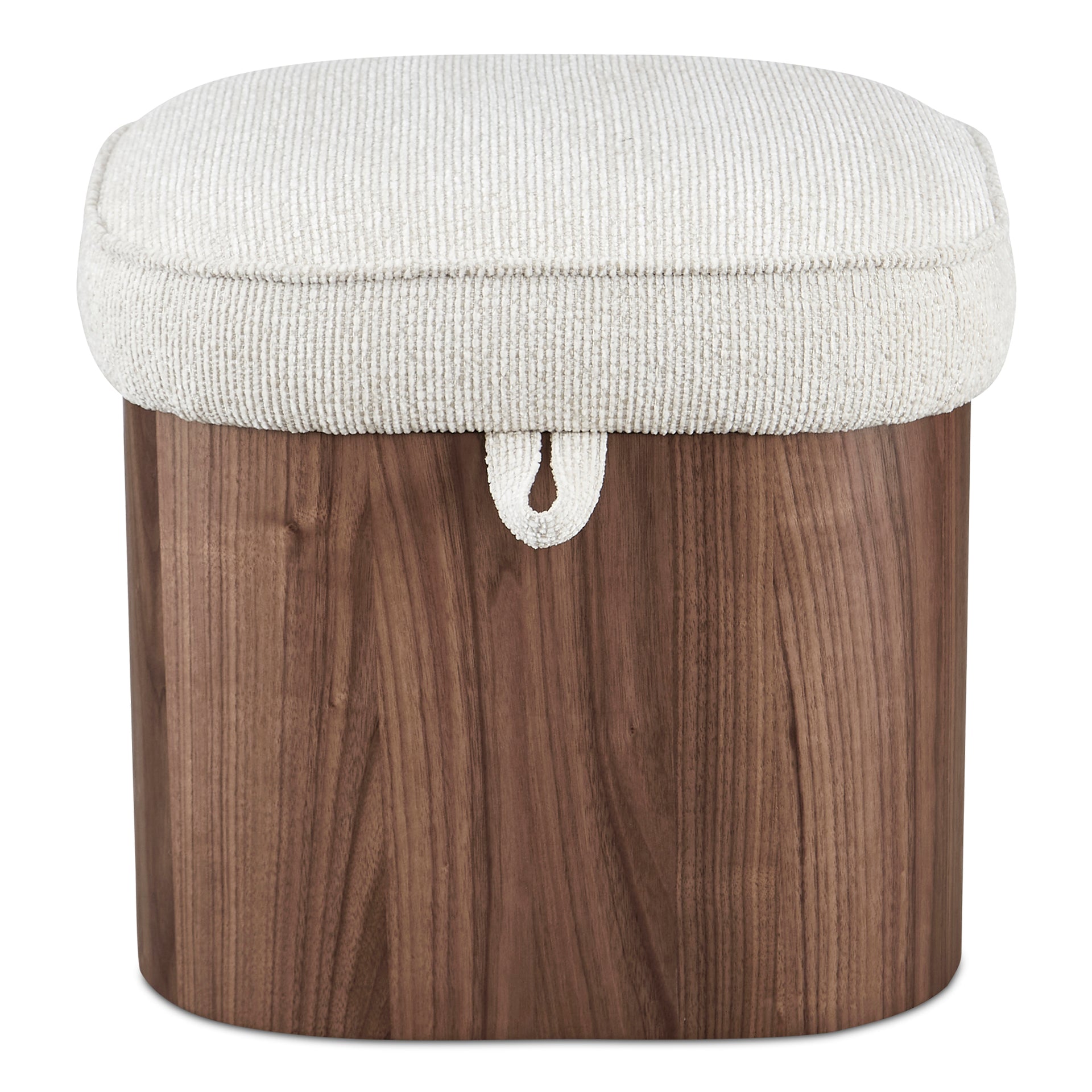 Clarisse Stool, Lift-Top Storage, Walnut Veneer Base, Flecked Oatmeal Upholstery, Walnut