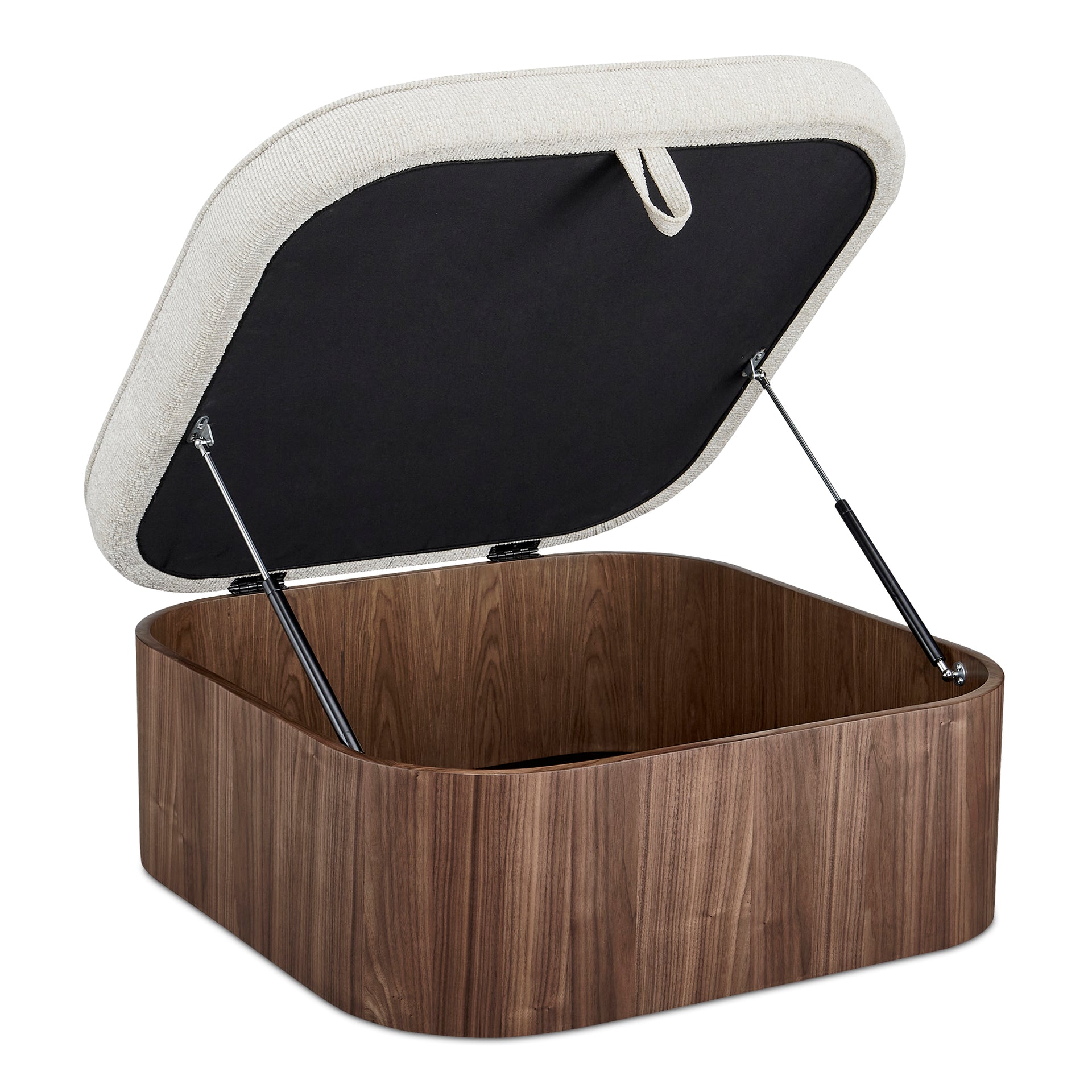 Clarisse Ottoman, Hydraulic Lift Storage, Walnut Veneer Base, Flecked Oatmeal Upholstery, Walnut