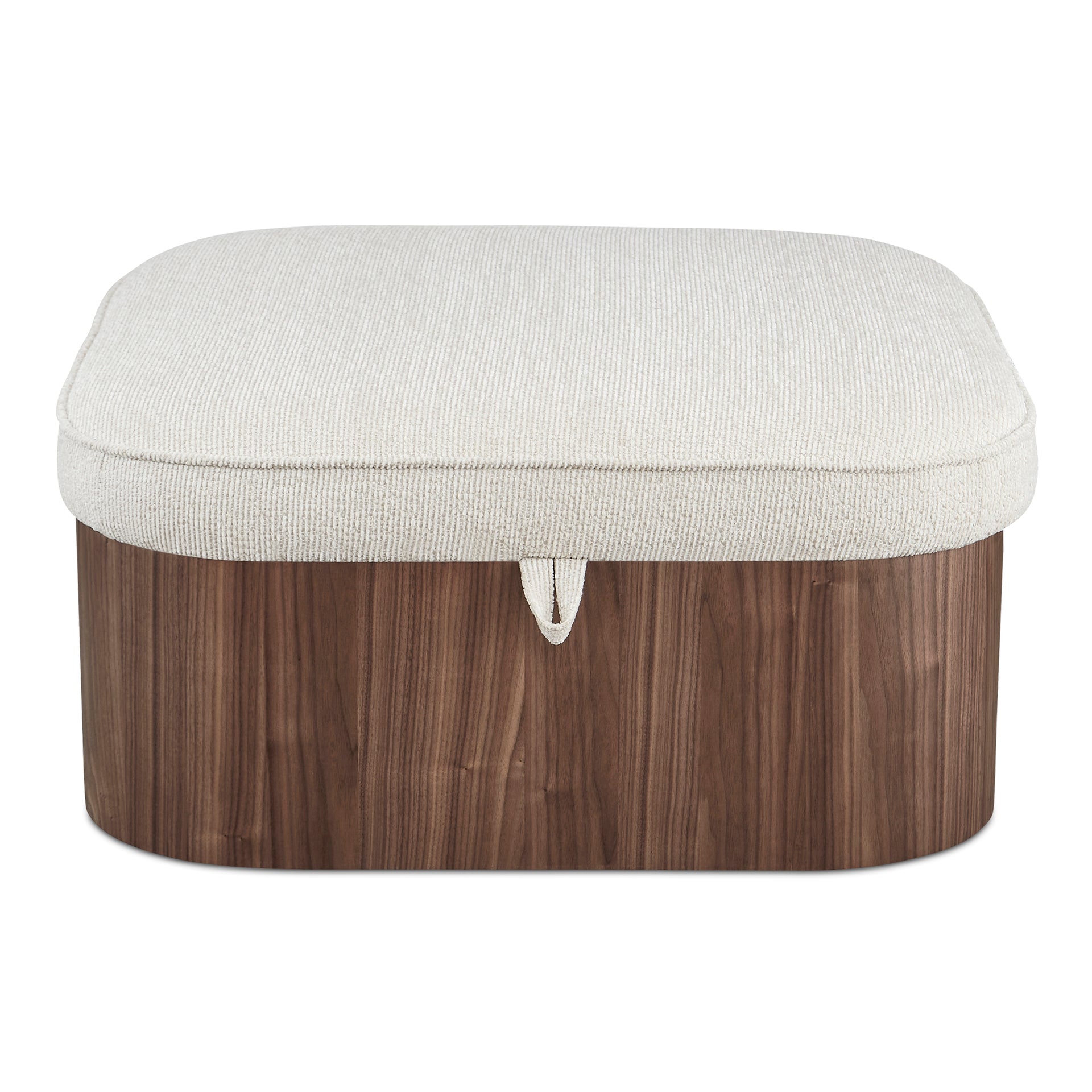 Clarisse Ottoman, Hydraulic Lift Storage, Walnut Veneer Base, Flecked Oatmeal Upholstery, Walnut
