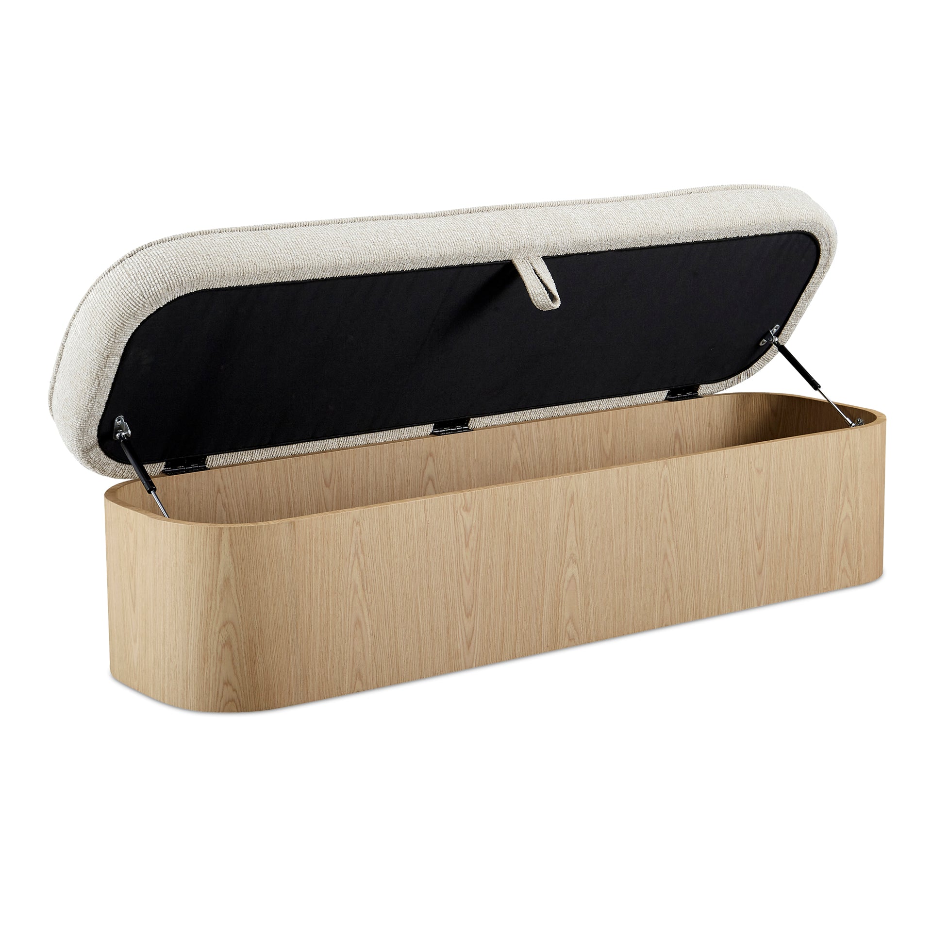 Clarisse Storage Bench, Hydraulic Lift, Ash Veneer Base, Upholstered Plush Seat, Natural