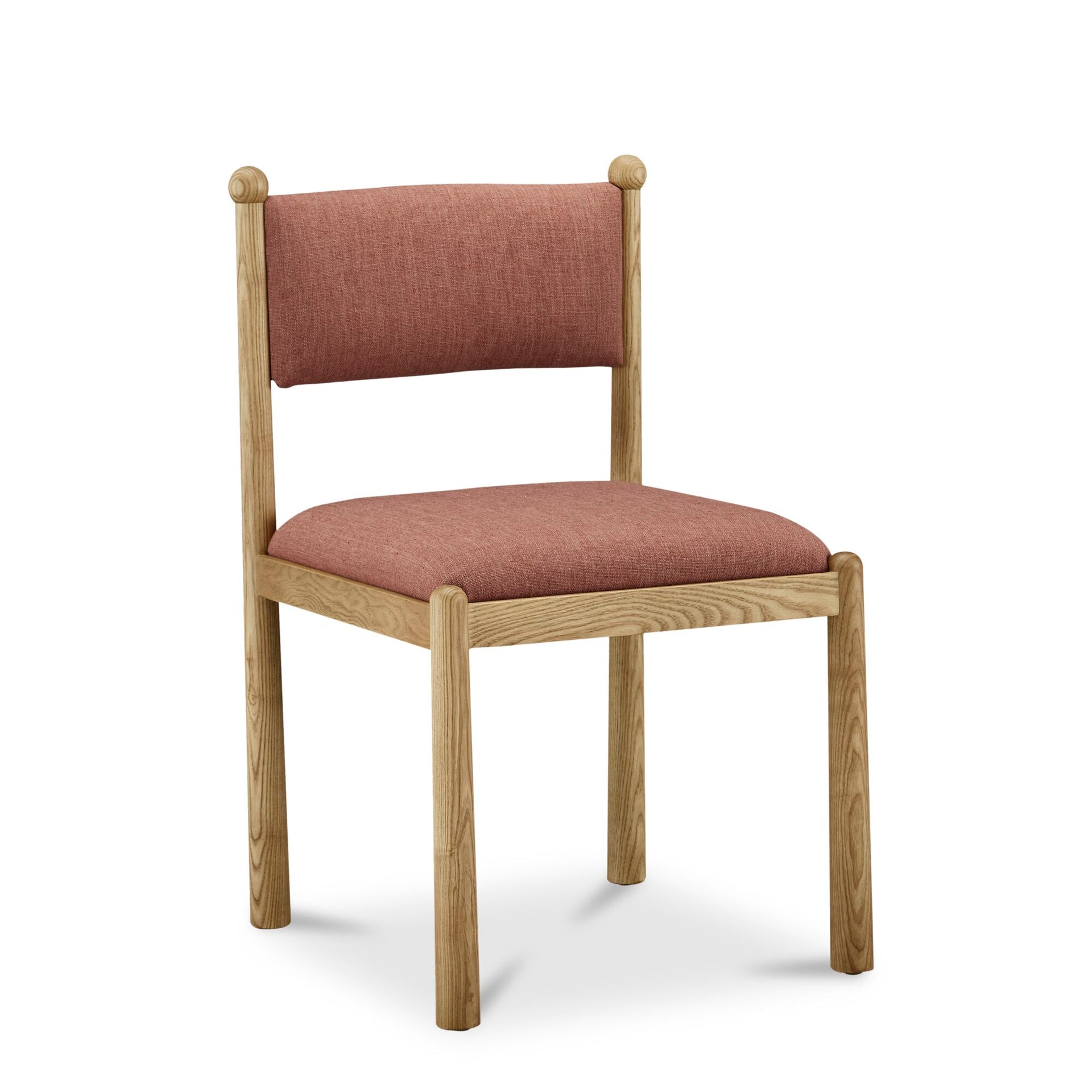 Solien Dining Chair, Solid Ash Frame, Deep Pink Linen‑Blend Upholstery, Finial Detail