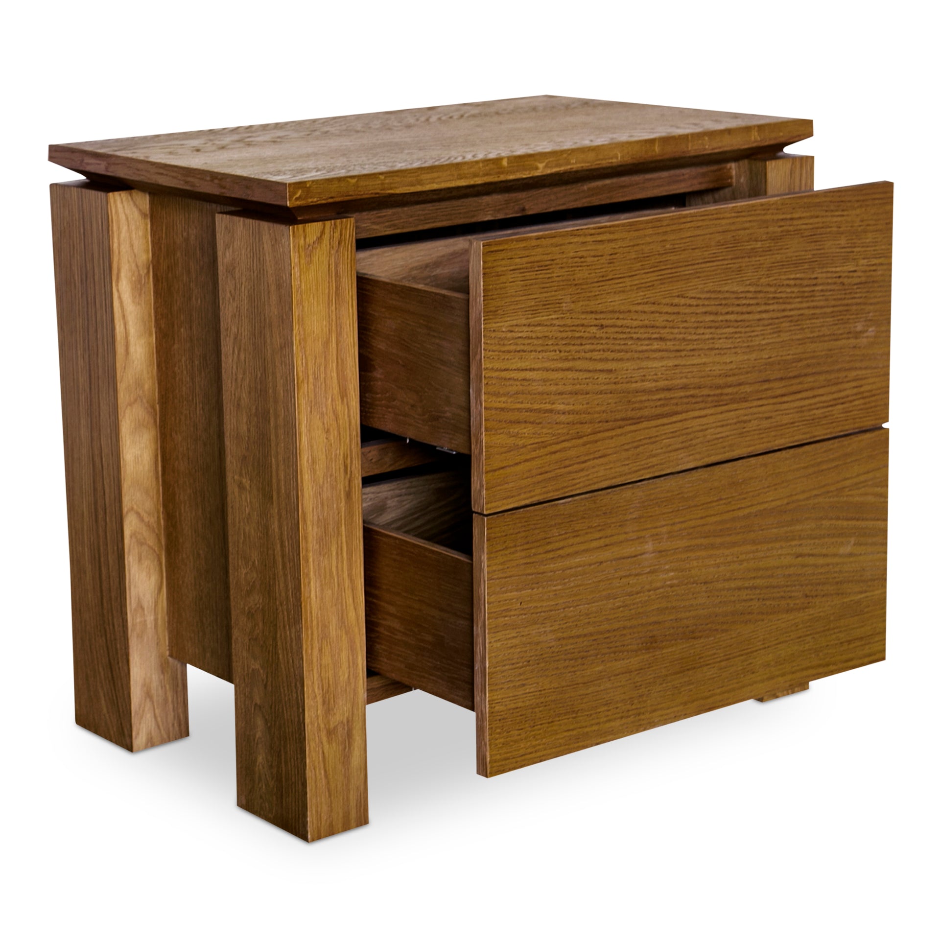 Emeric Nightstand, Solid Oak Legs, Oak Veneer Drawers, Floating Undercut Top, 2 Drawers, Country Oak