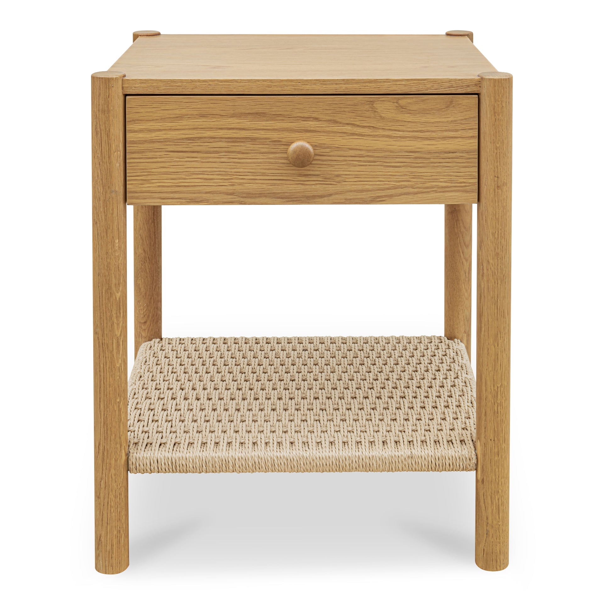 Corlan Nightstand, Oak Frame with Paper Rope Shelf 1-Drawer Bedside Table, Natural Finish
