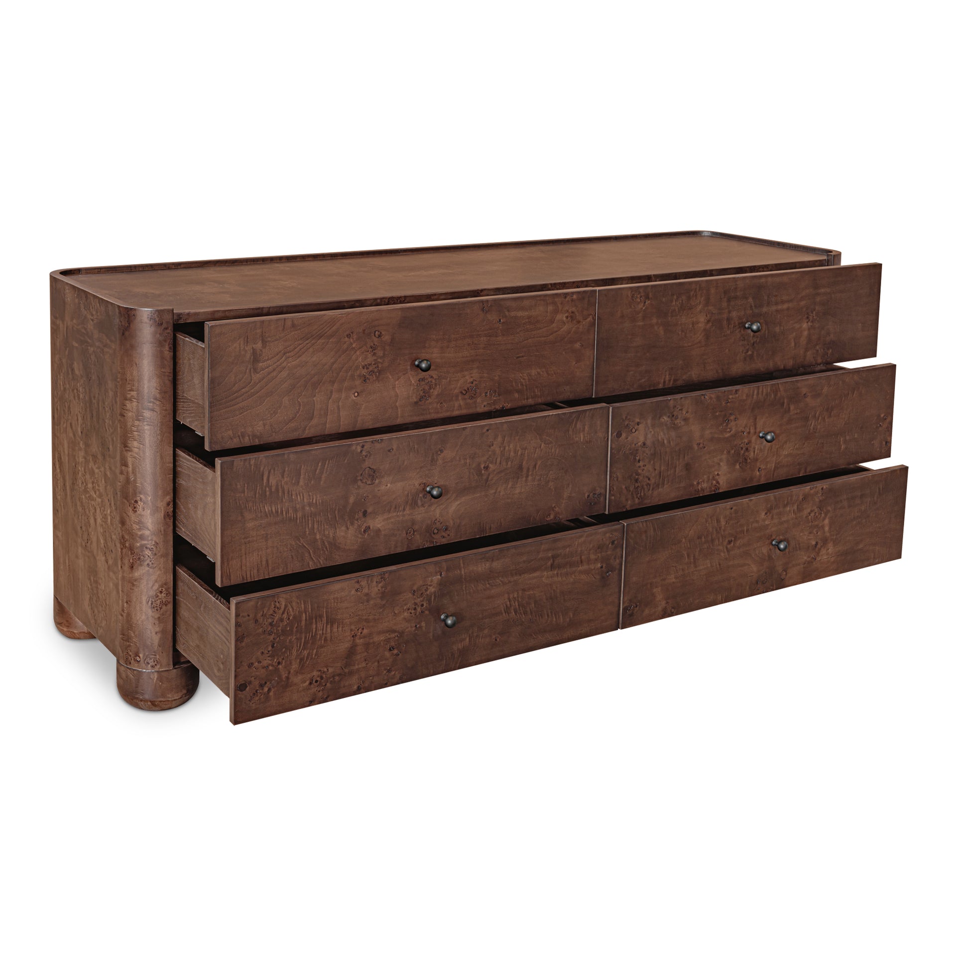 Virel Dresser, 6 Drawer Burl Veneer with Solid Oak Frame and Lip Detailing, Soft-Close Glides, Dark Brown