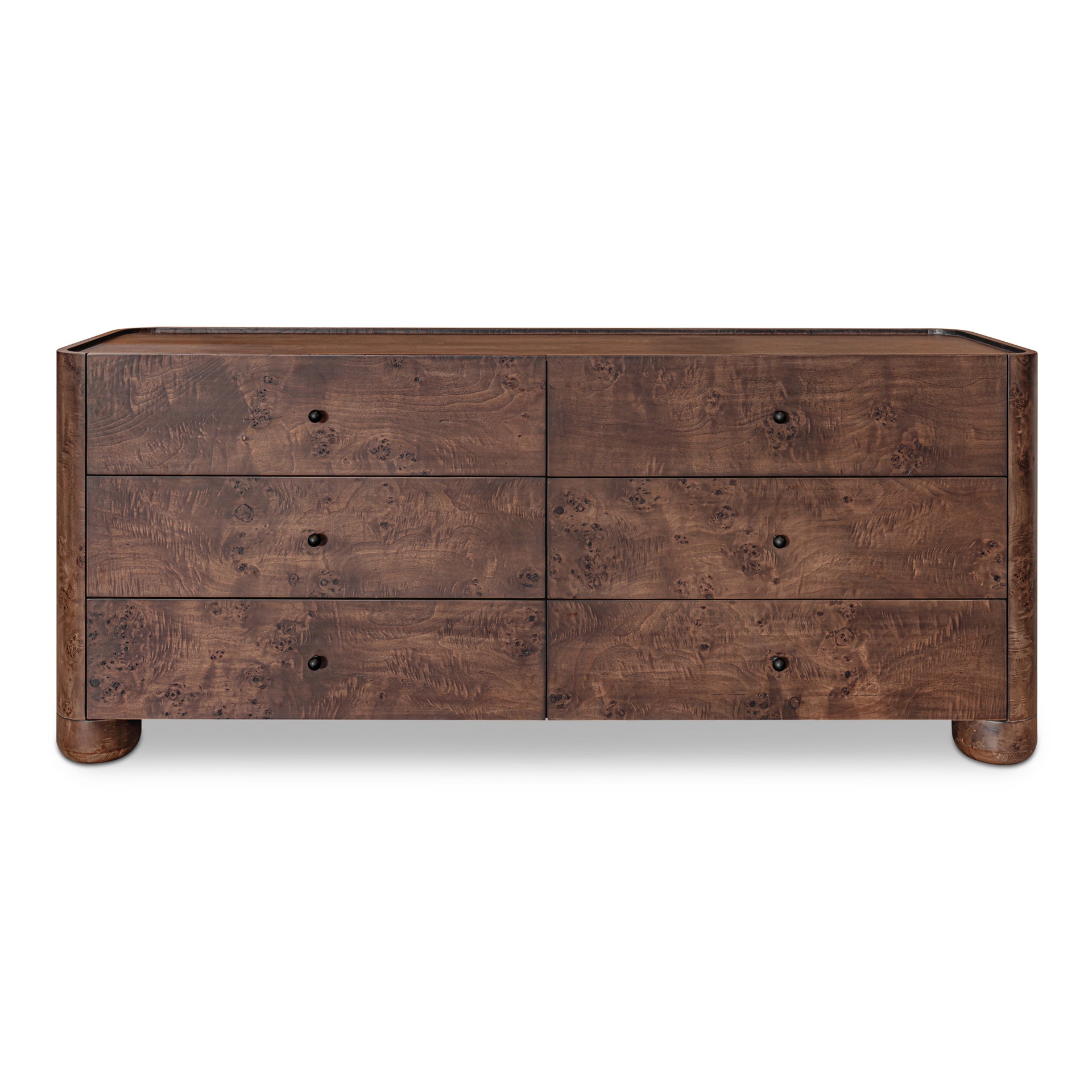 Virel Dresser, 6 Drawer Burl Veneer with Solid Oak Frame and Lip Detailing, Soft-Close Glides, Dark Brown