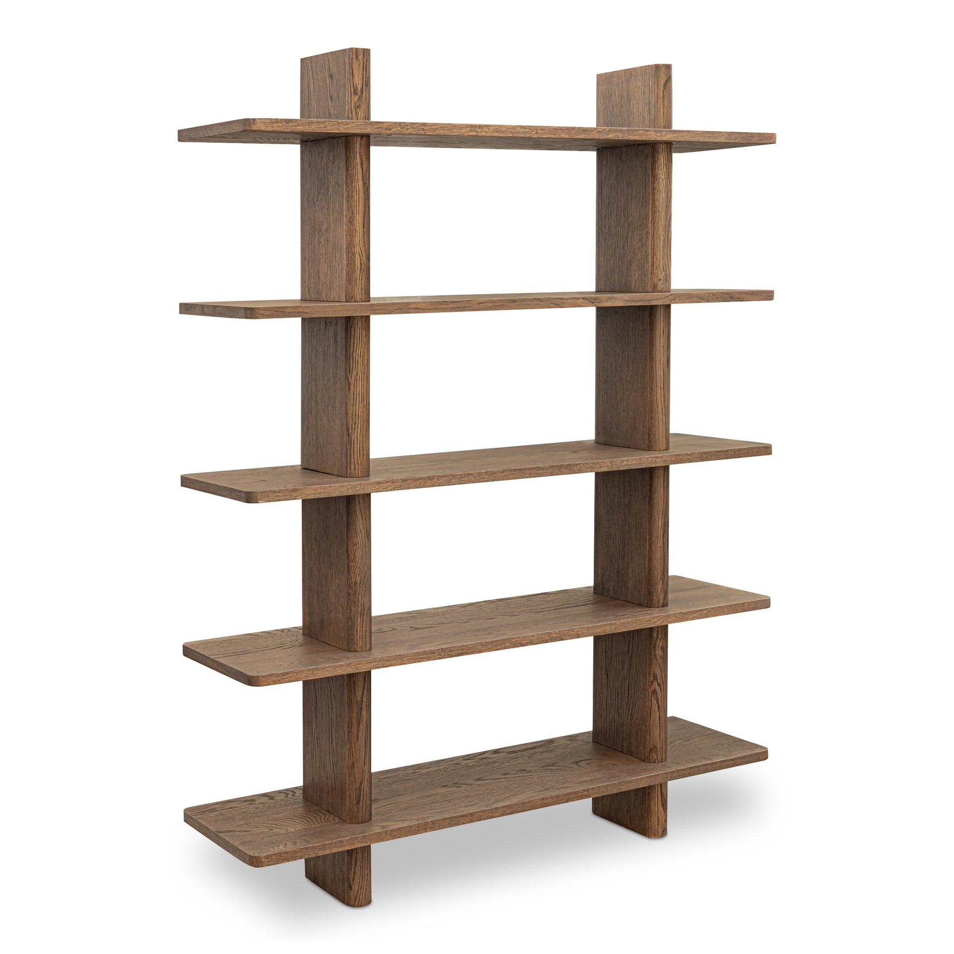 Thalor Bookshelf, Large Dark Oak with Bullnose Vertical Supports, Rounded Edges Metal Detail, Dark Brown