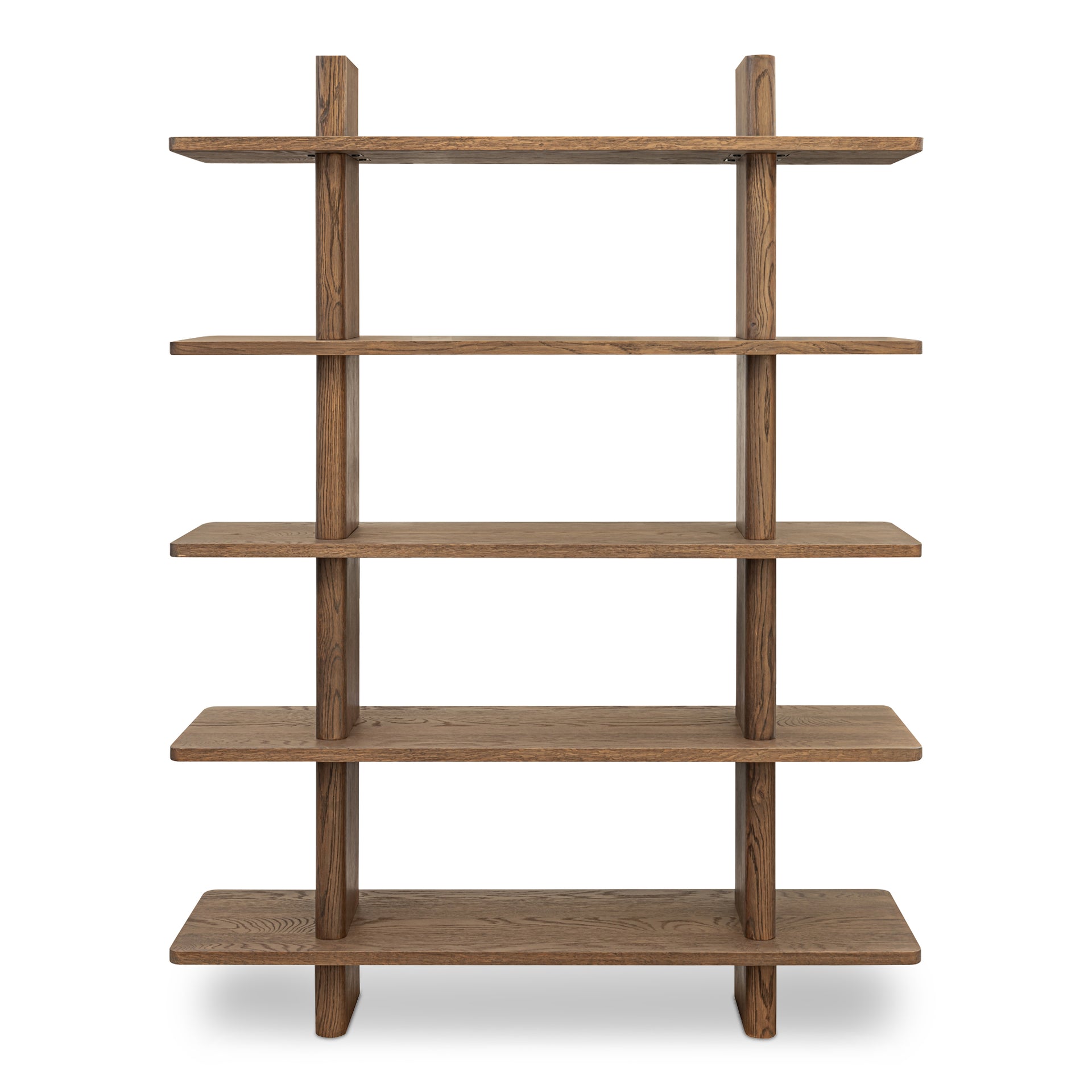 Thalor Bookshelf, Large Dark Oak with Bullnose Vertical Supports, Rounded Edges Metal Detail, Dark Brown