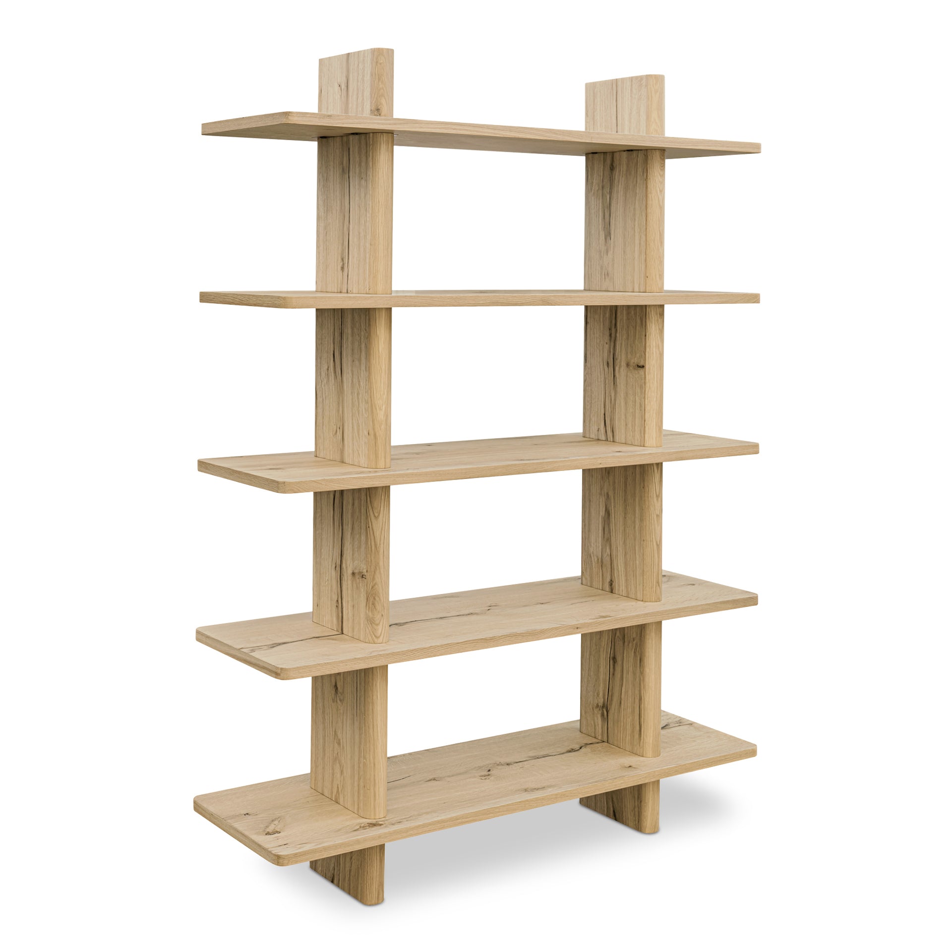 Thalor Bookshelf, Large Rustic Oak with Bullnose Vertical Supports, Rounded Edges Metal Detail, Natural
