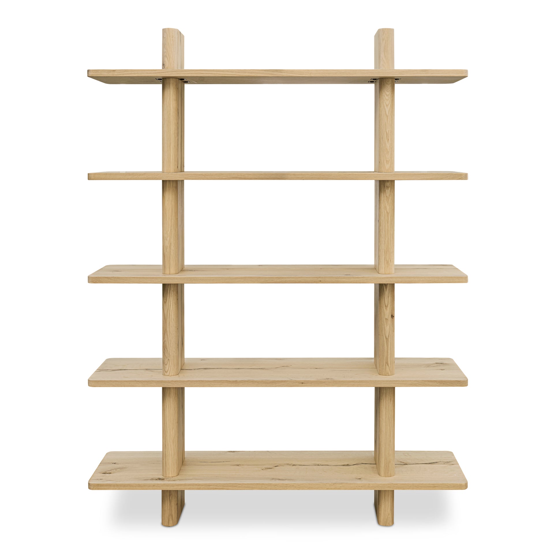 Thalor Bookshelf, Large Rustic Oak with Bullnose Vertical Supports, Rounded Edges Metal Detail, Natural