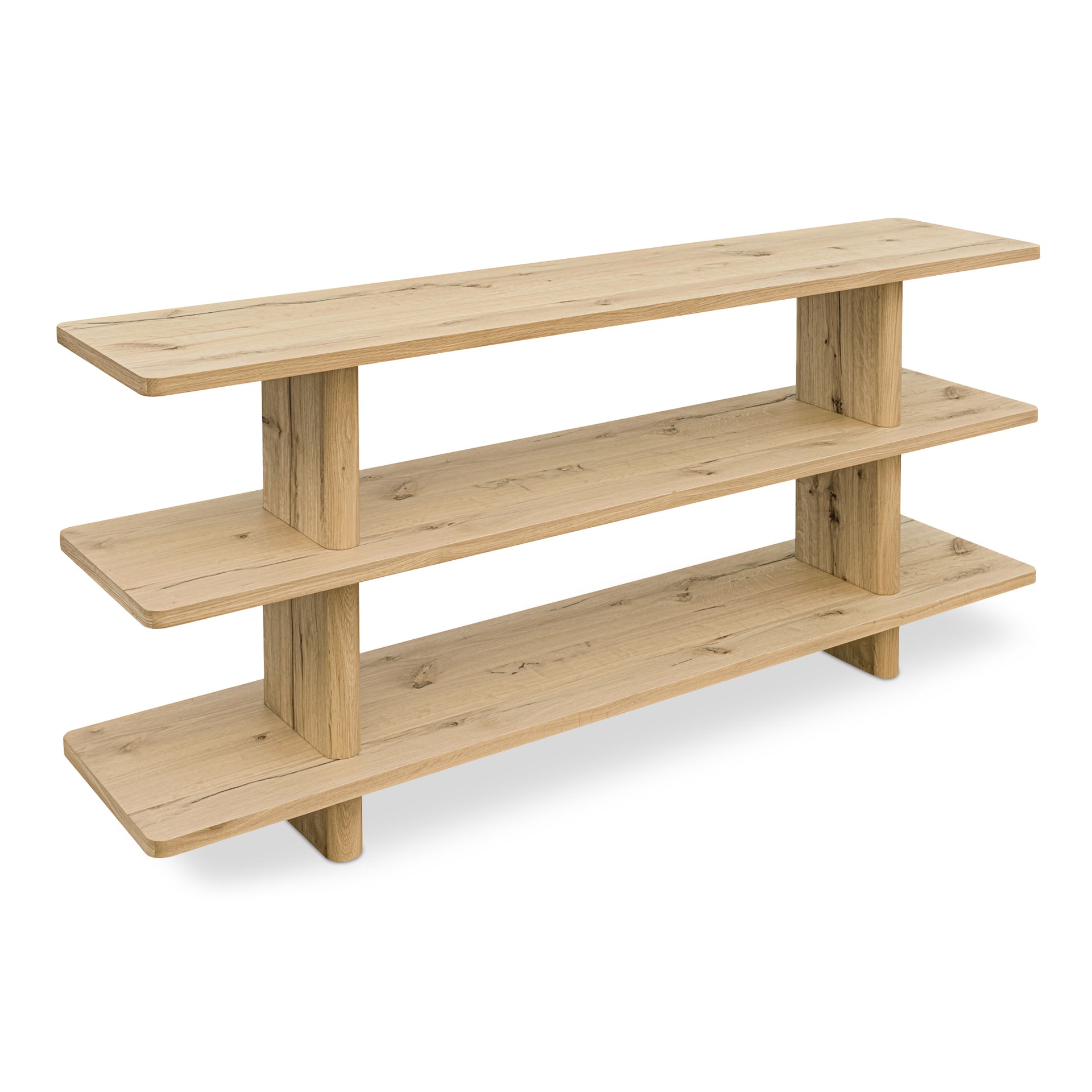 Thalor Bookshelf, Small Rustic Oak with Bullnose Vertical Supports, Rounded Edges Metal Detail, Natural