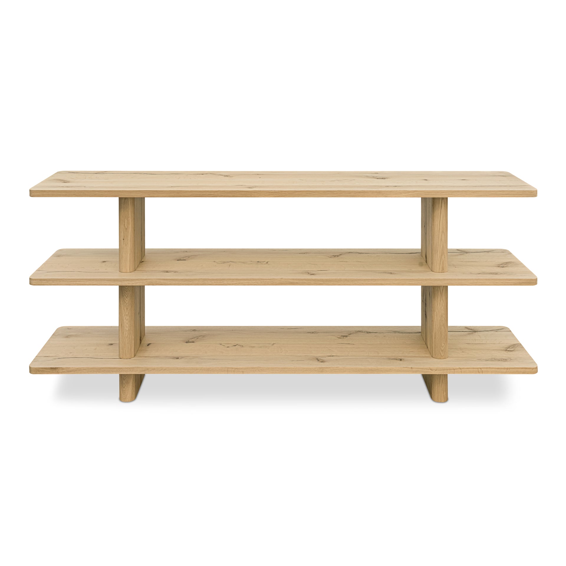 Thalor Bookshelf, Small Rustic Oak with Bullnose Vertical Supports, Rounded Edges Metal Detail, Natural