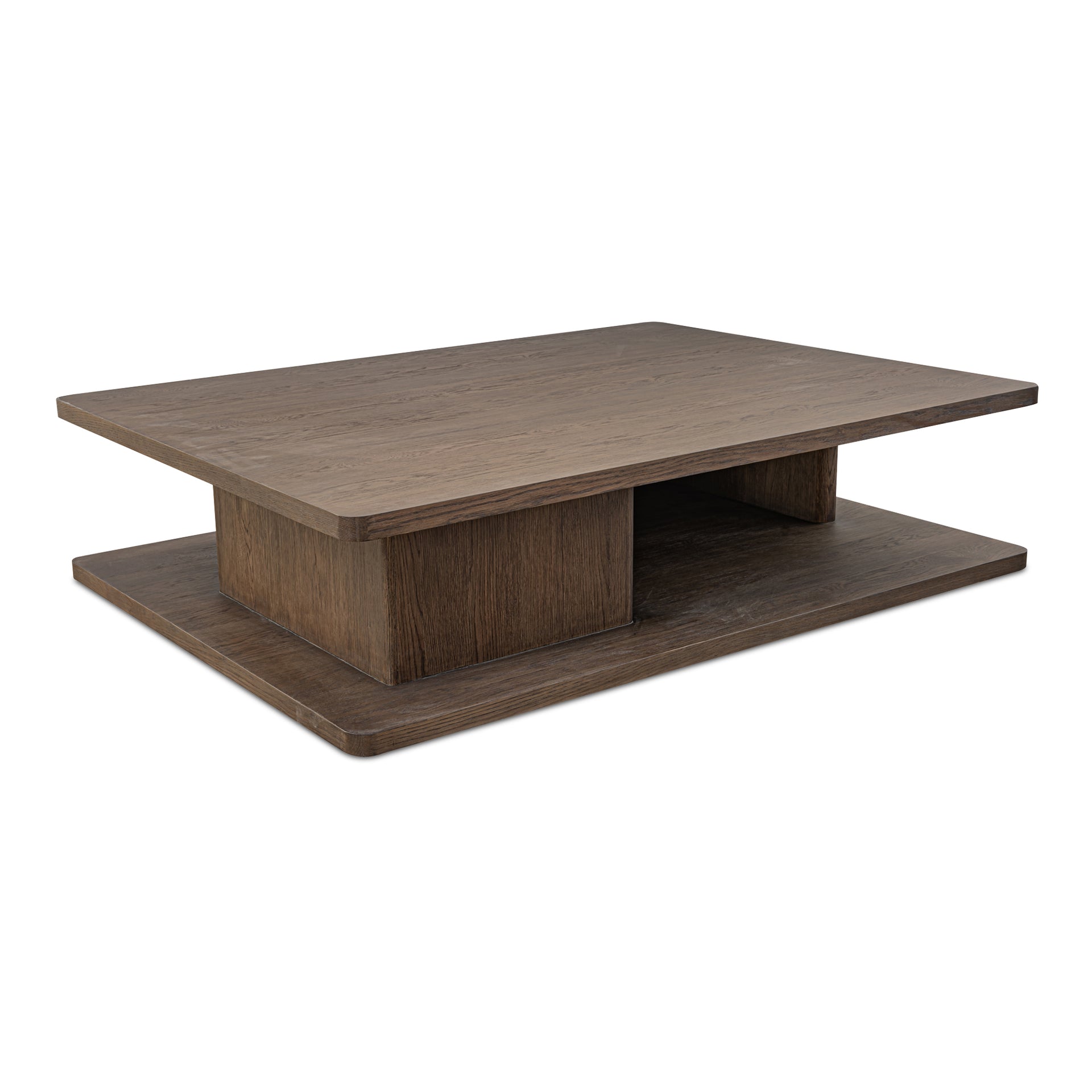 Thalor Coffee Table, Large Rectangular Solid Oak Edge, Bullnose Vertical Support, Dark Brown