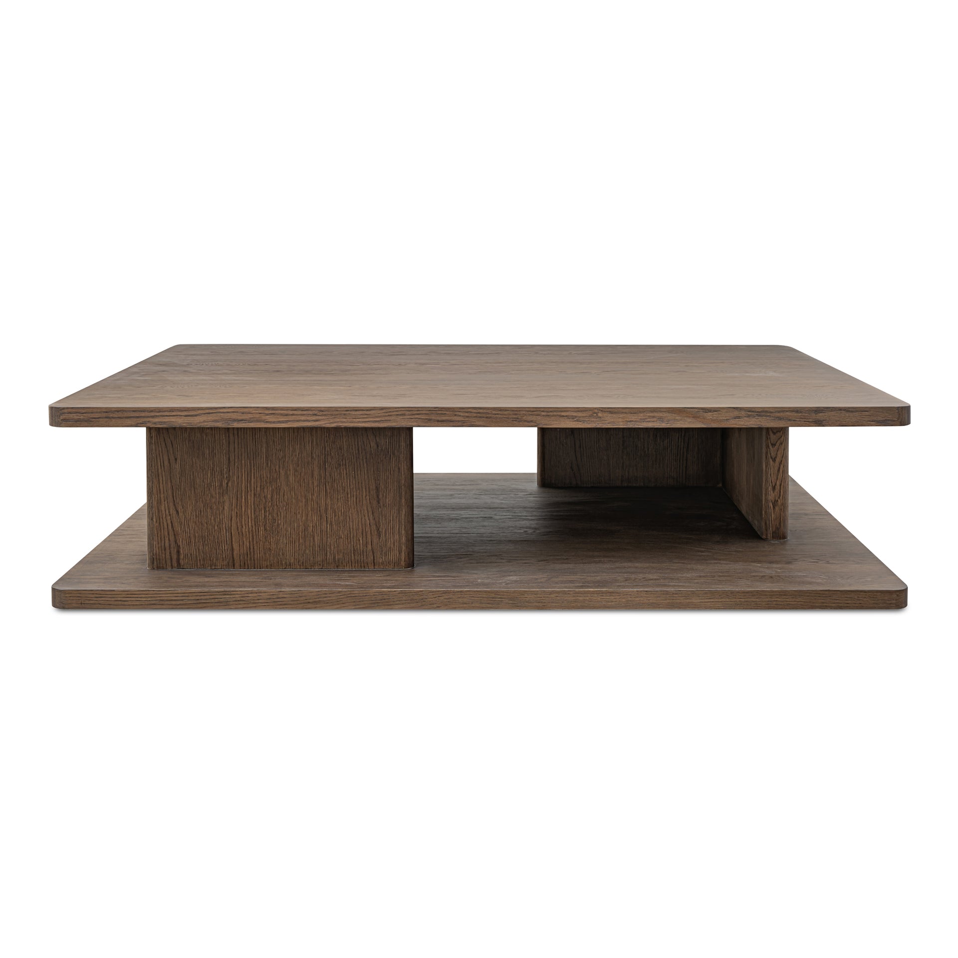 Thalor Coffee Table, Large Rectangular Solid Oak Edge, Bullnose Vertical Support, Dark Brown