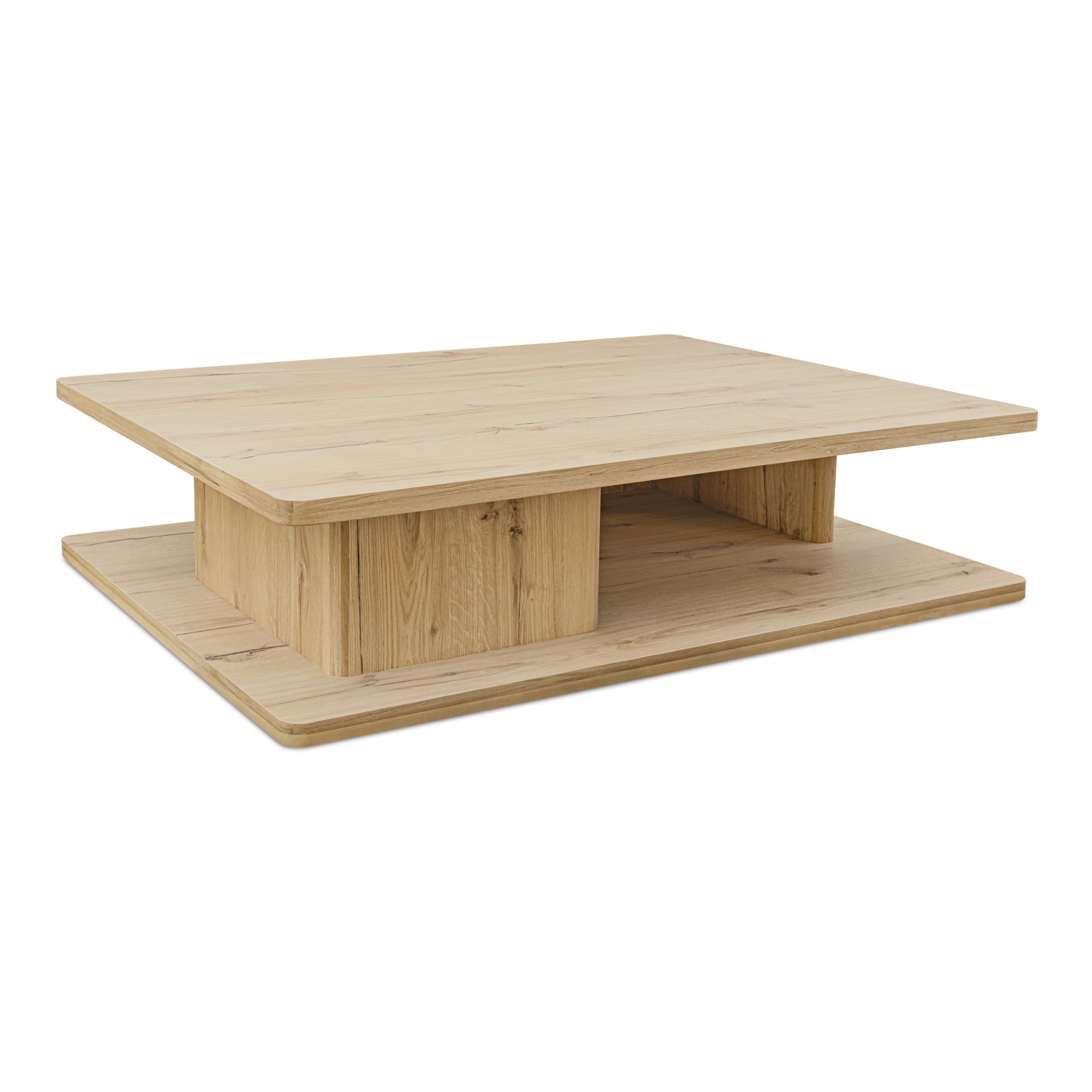 Thalor Coffee Table, Large Rectangular Solid Oak Edge with Rustic Oak Veneer, Bullnose Vertical Support, Natural