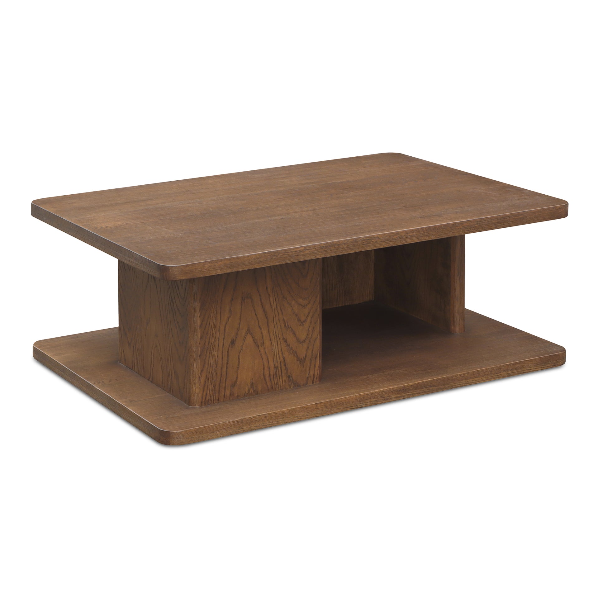 Thalor Coffee Table, Rectangular Dark Oak Top with Vertical Bullnose Support Open Storage, Dark Brown