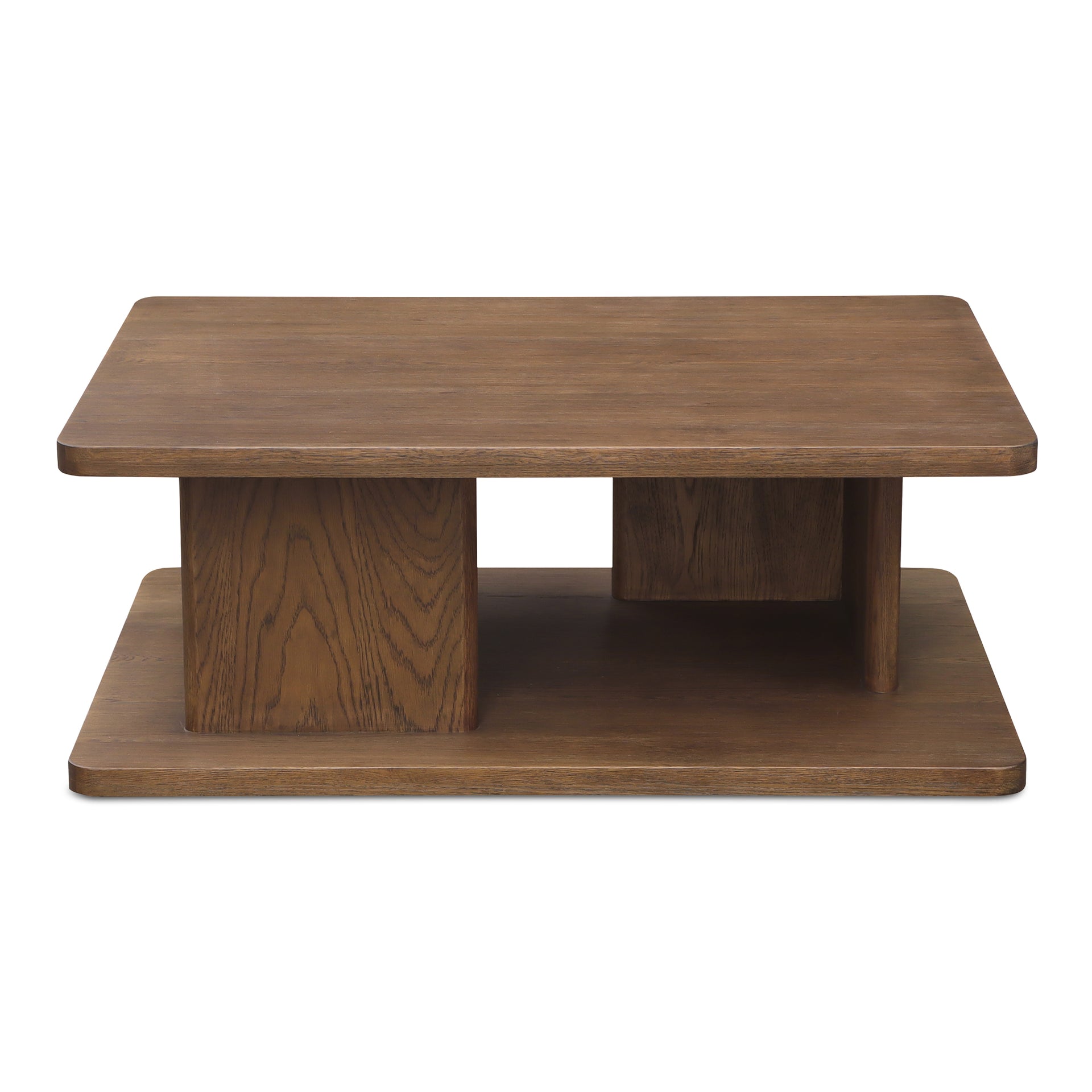 Thalor Coffee Table, Rectangular Dark Oak Top with Vertical Bullnose Support Open Storage, Dark Brown