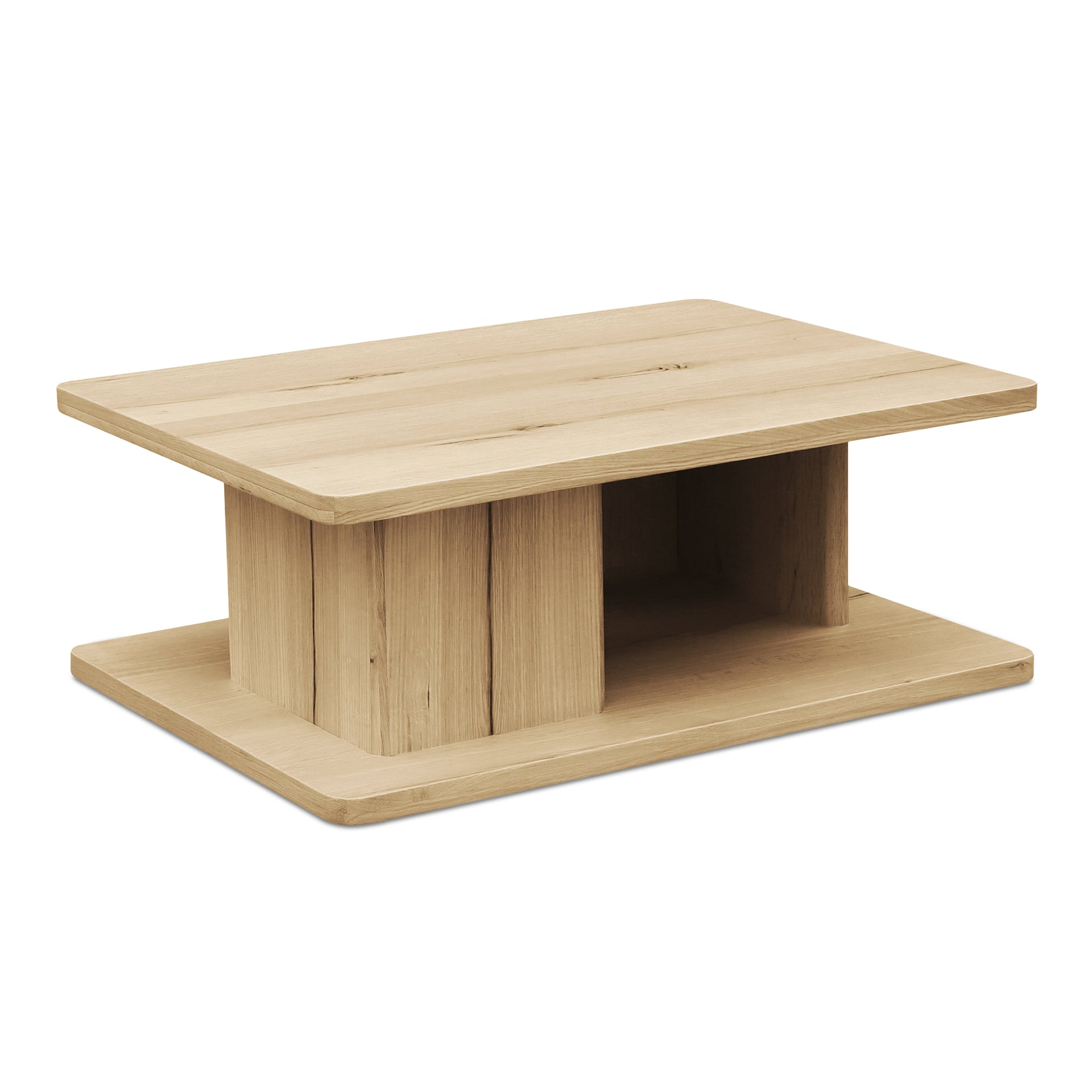 Thalor Coffee Table, Rectangular Rustic Oak Top with Vertical Bullnose Support Open Storage, Natural