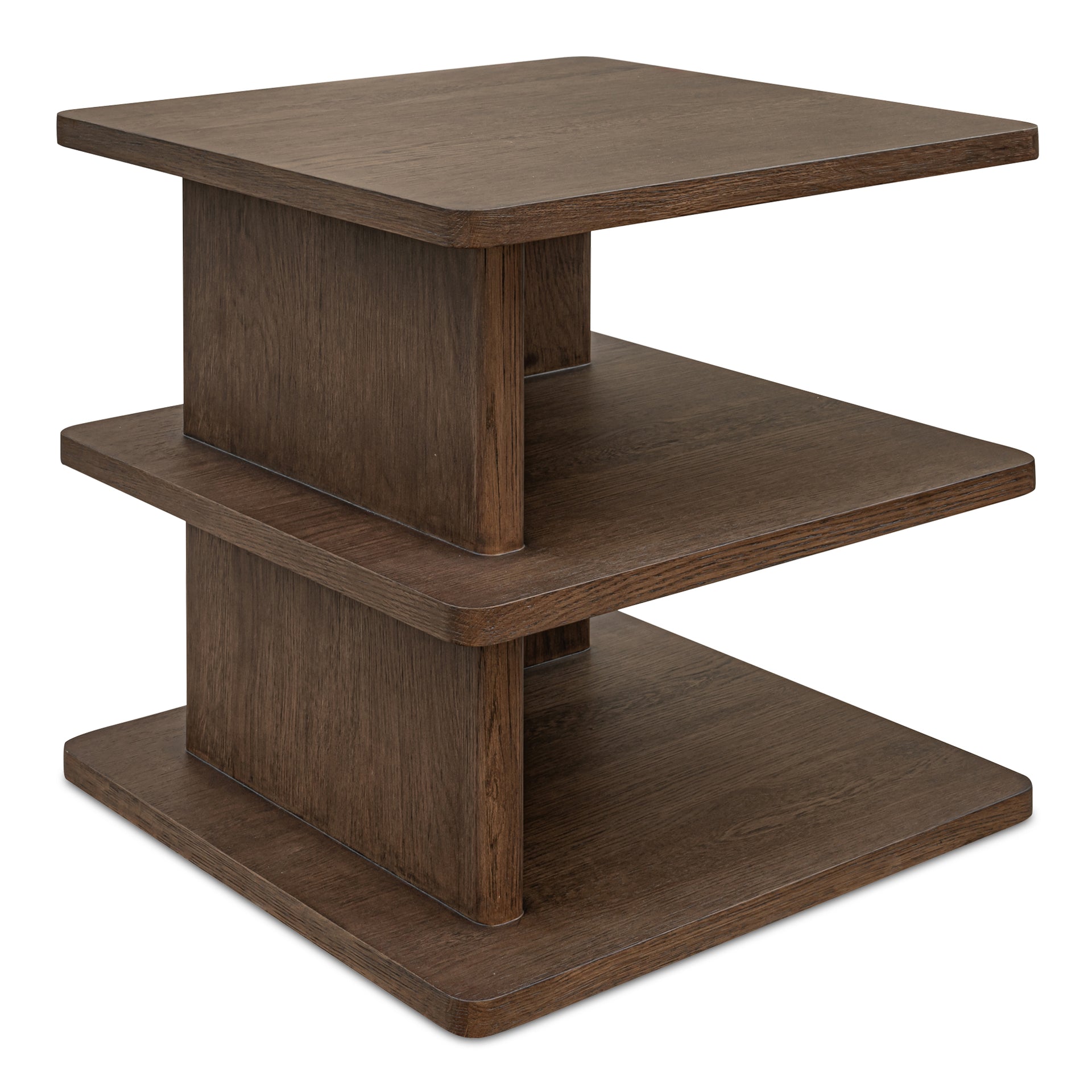 Thalor Side Table, Square Dark Oak Top with Rounded Edge Shelves, Solid Oak Detail, Dark Brown